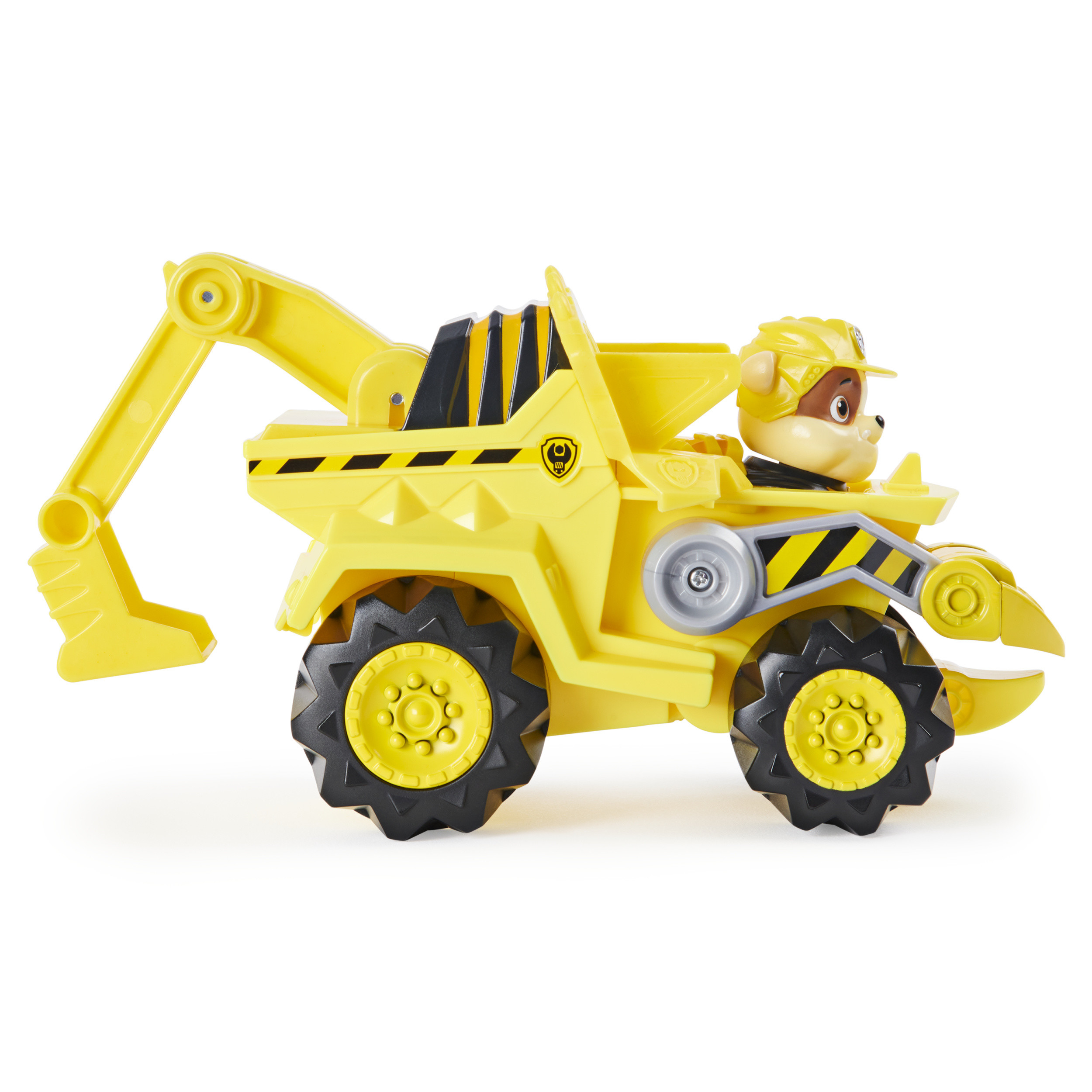 Veicolo giocattolo giallo Paw Patrol con un frontale simile a un bulldozer e un cane dei cartoni animati che lo guida.