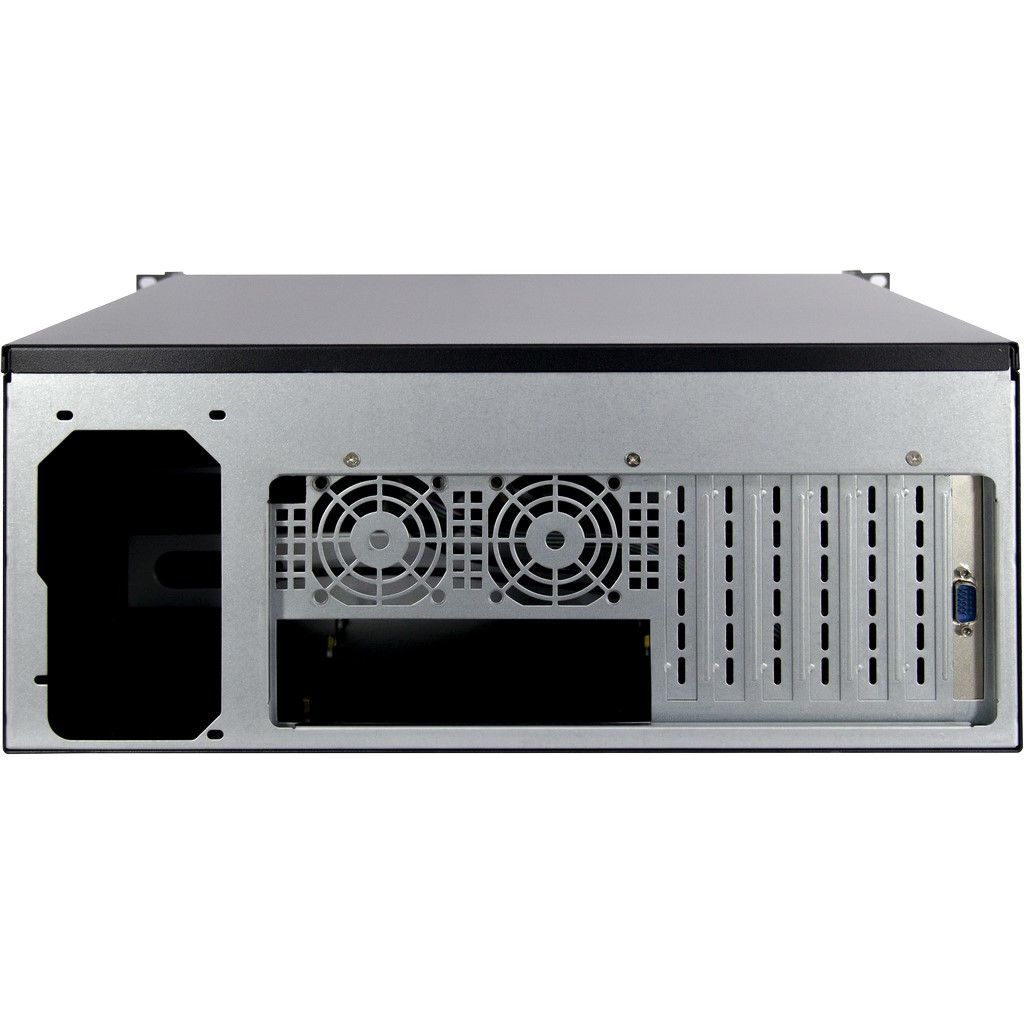 Un case per computer argentato con prese d'aria, ventole e porte visibili dal retro.