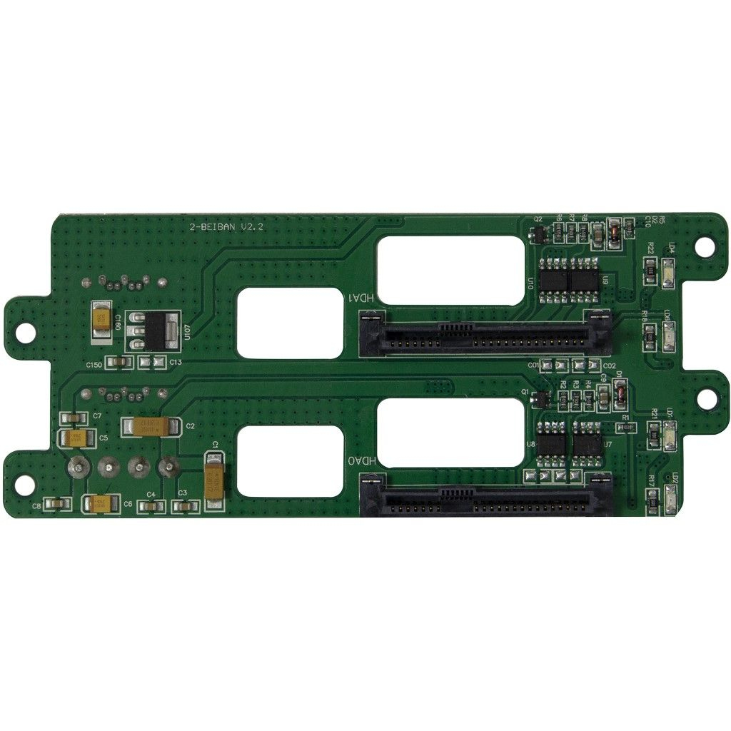 Scheda a circuito stampato verde con due slot. Contiene componenti elettronici come chip, resistenze e connettori.