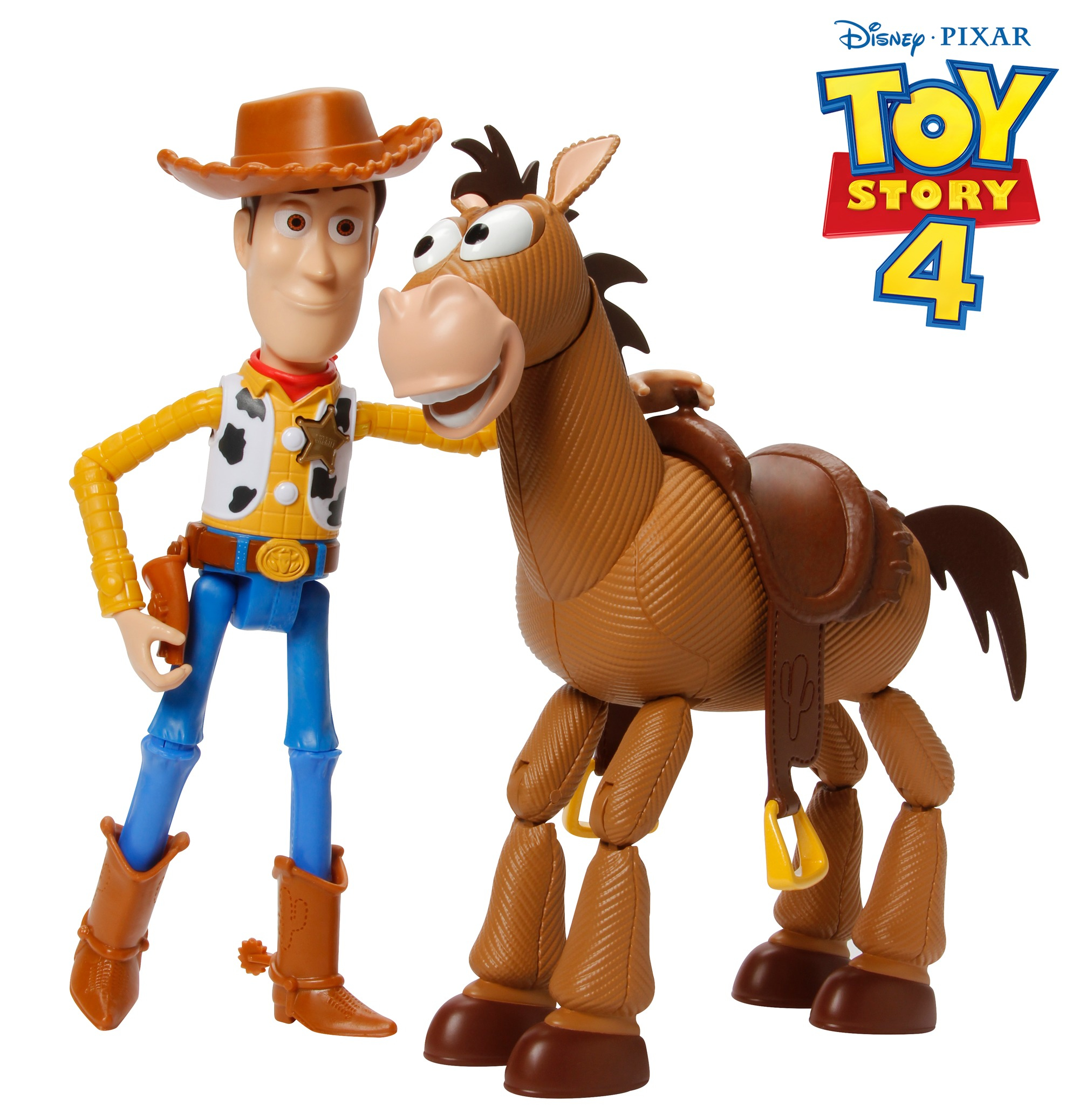 Zabawki Woody i Bullseye z Toy Story 4, Woody pozuje z Bullseye na białym tle.