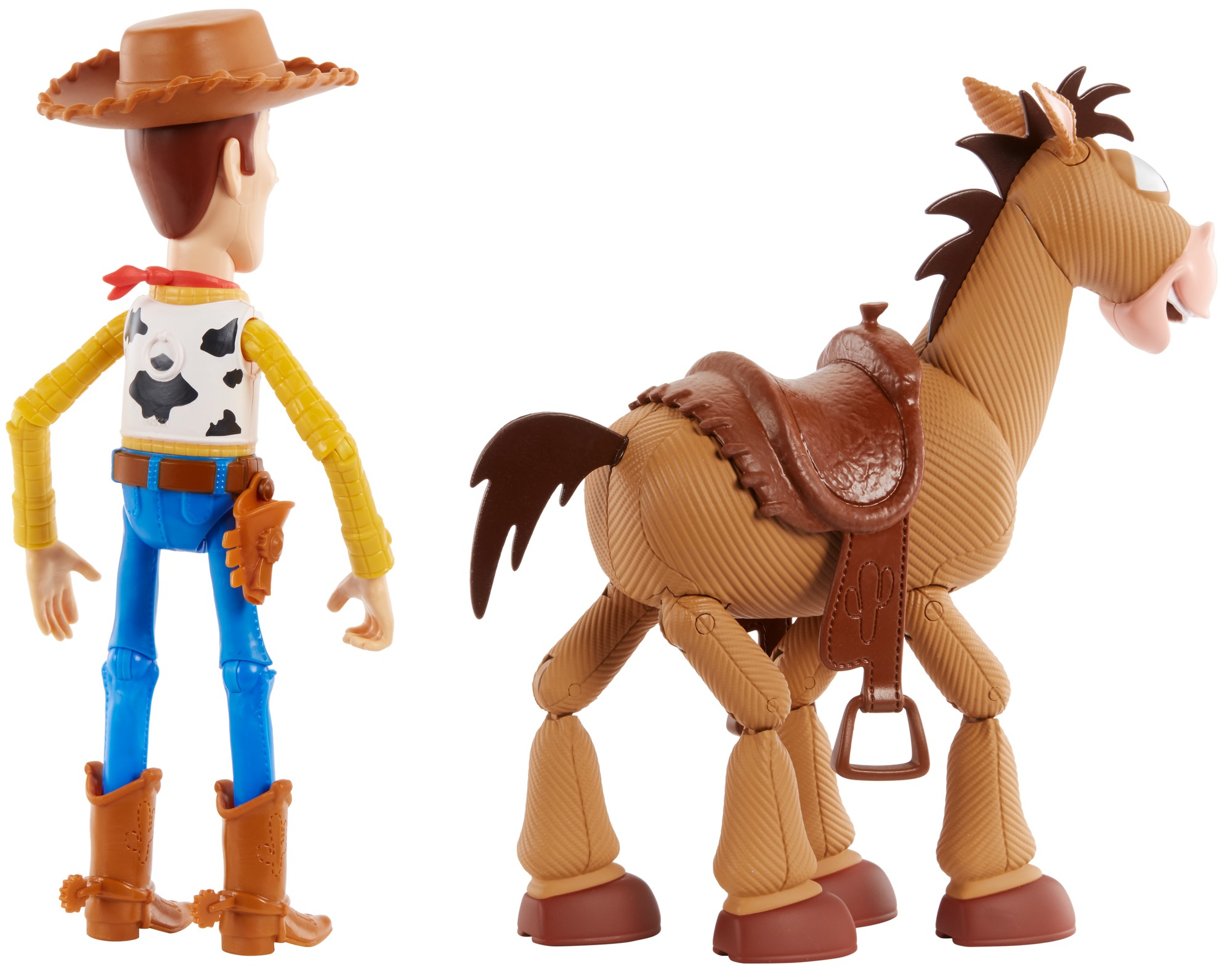 Figurki Chudego i Szeryfa Bullseye z Toy Story. Chudy stoi, Szeryf Bullseye pozuje z siodłem.