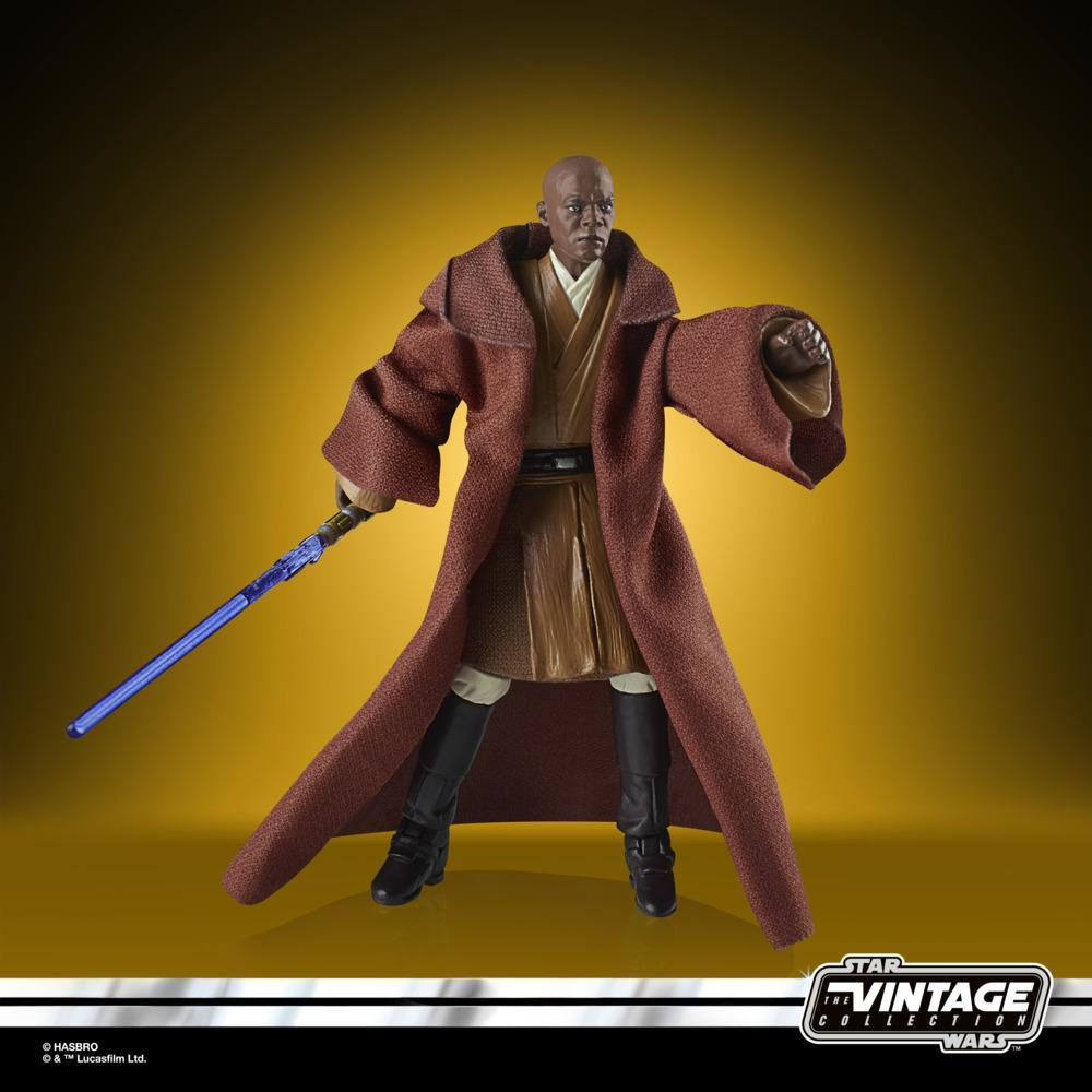 Figurka Mace Windu z kolekcji Vintage Star Wars. Brązowa szata, miecz świetlny i żółte tło.