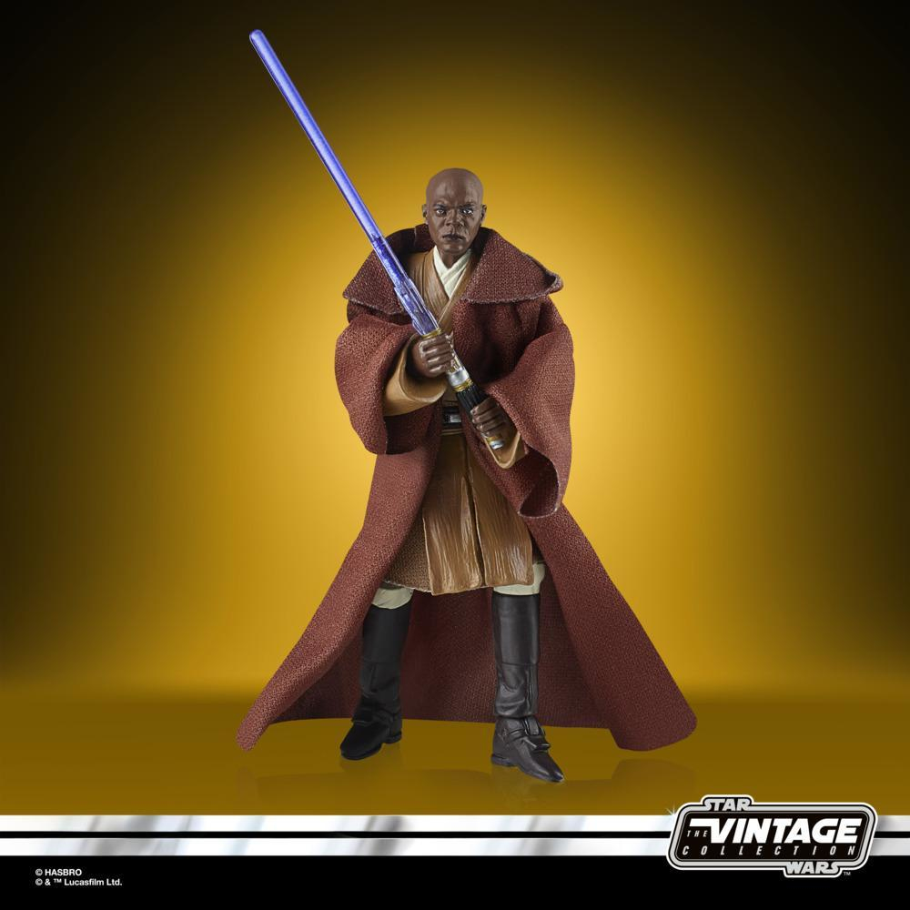 Figurka akcji Star Wars Mace Windu, trzymający fioletowy miecz świetlny, w brązowej szacie.