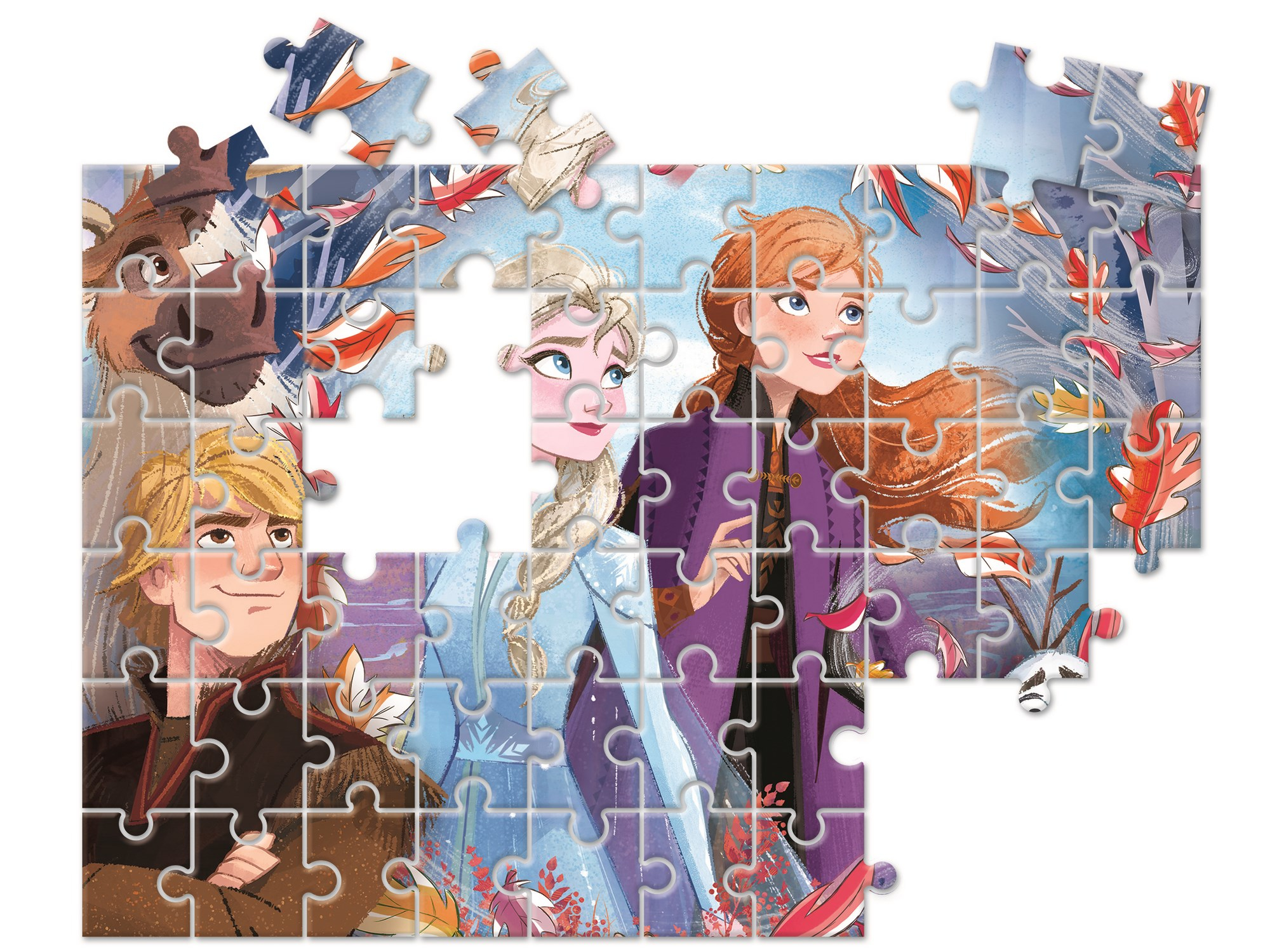 Puzzle z postaciami z Krainy Lodu, w tym Elsą, Anną, Kristoffem i Svenem.