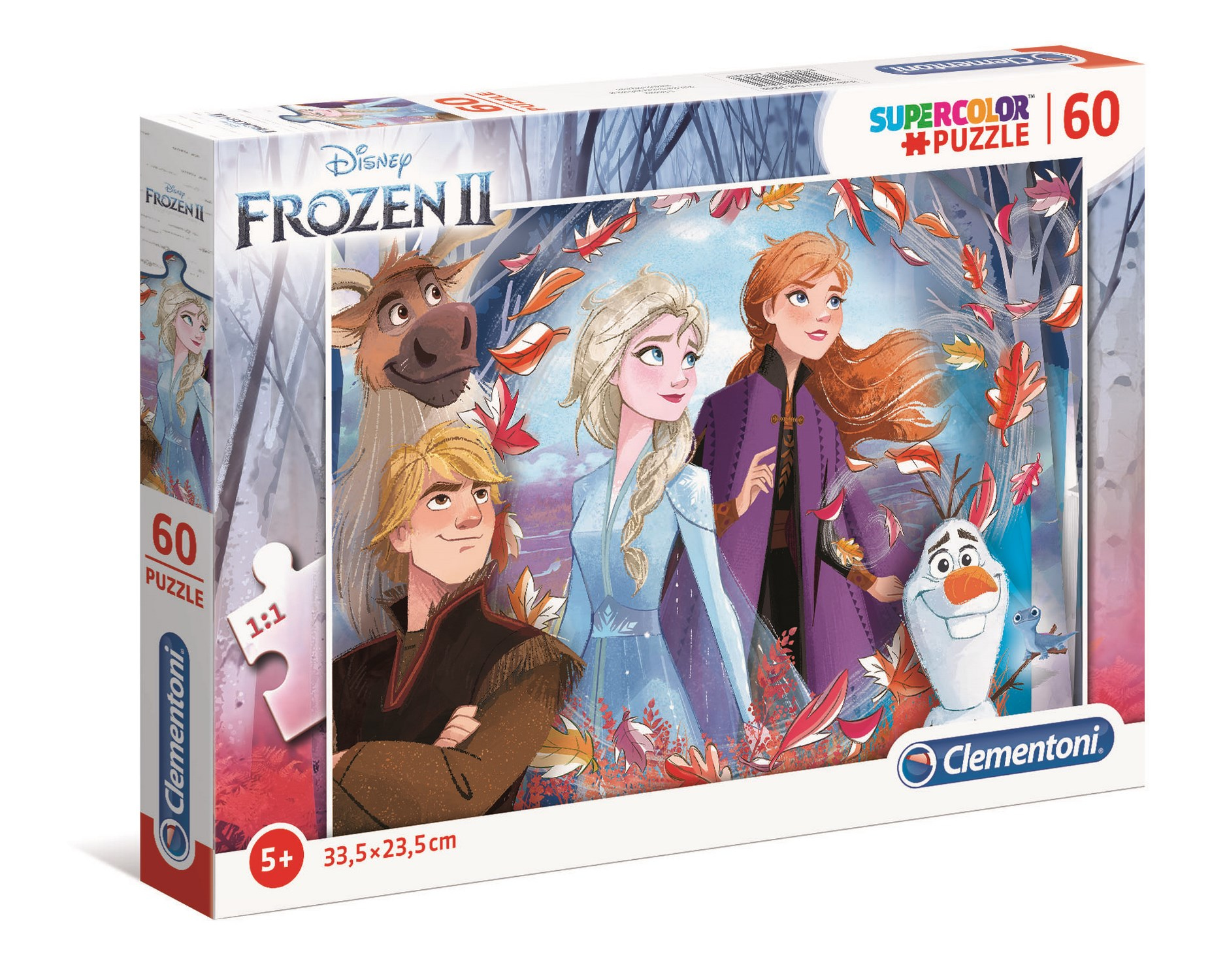 Pudełko z puzzlami Frozen II z postaciami, z białym tłem.