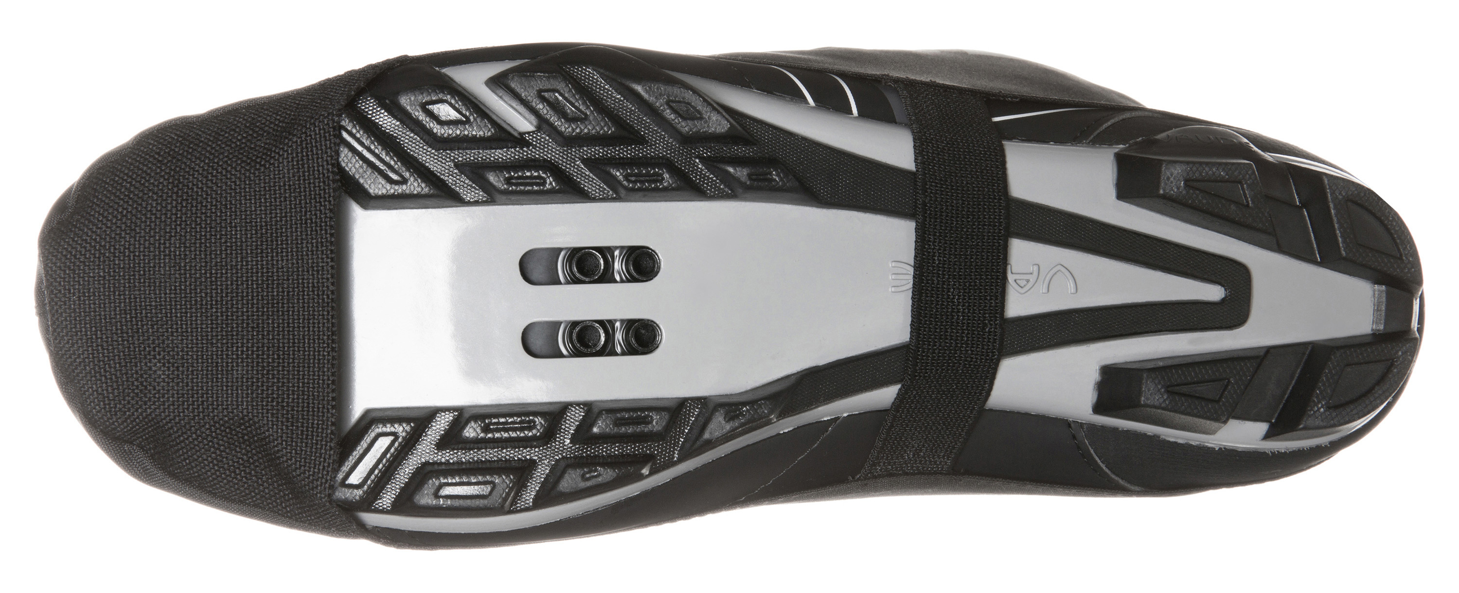 Czarna osłona na buty rowerowe z czarnym paskiem na spodzie buta rowerowego.