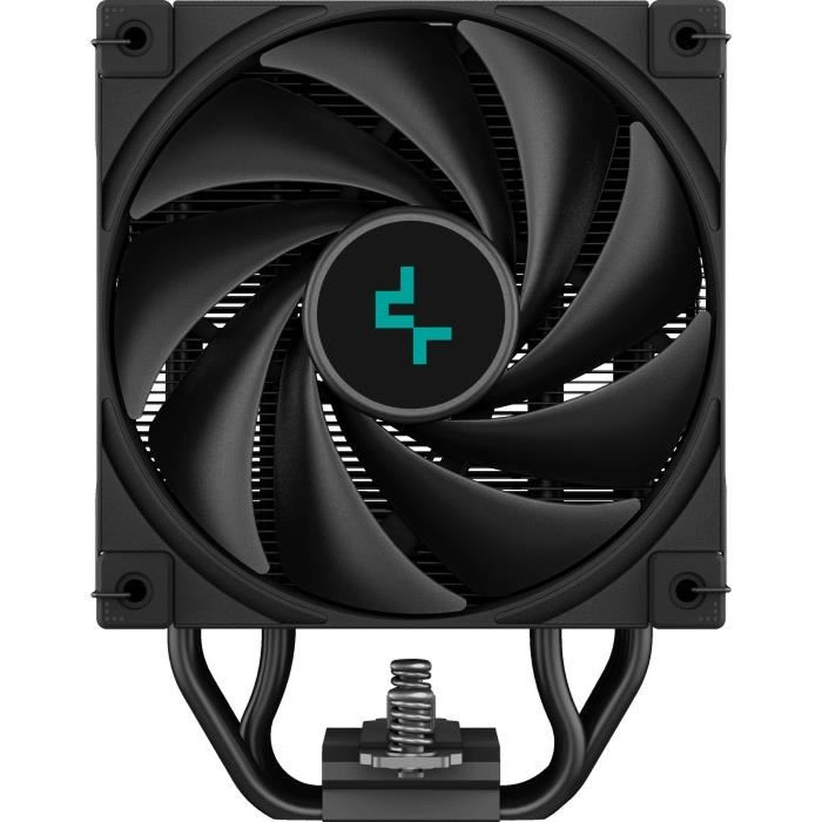 A black computer fan with curved blades, a central logo, and a heat sink base.