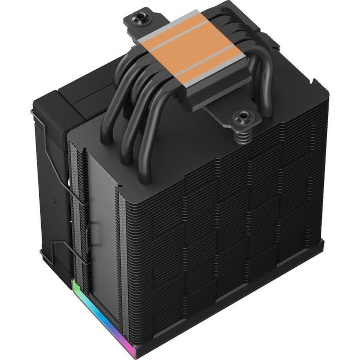 Black CPU cooler with heat pipes and a colorful bottom.