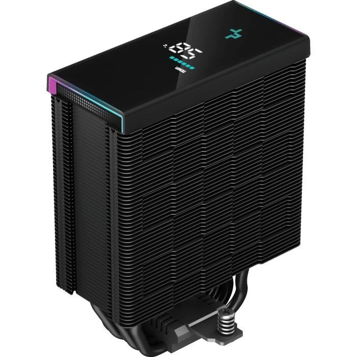 A black CPU cooler with a display showing temperature reading.