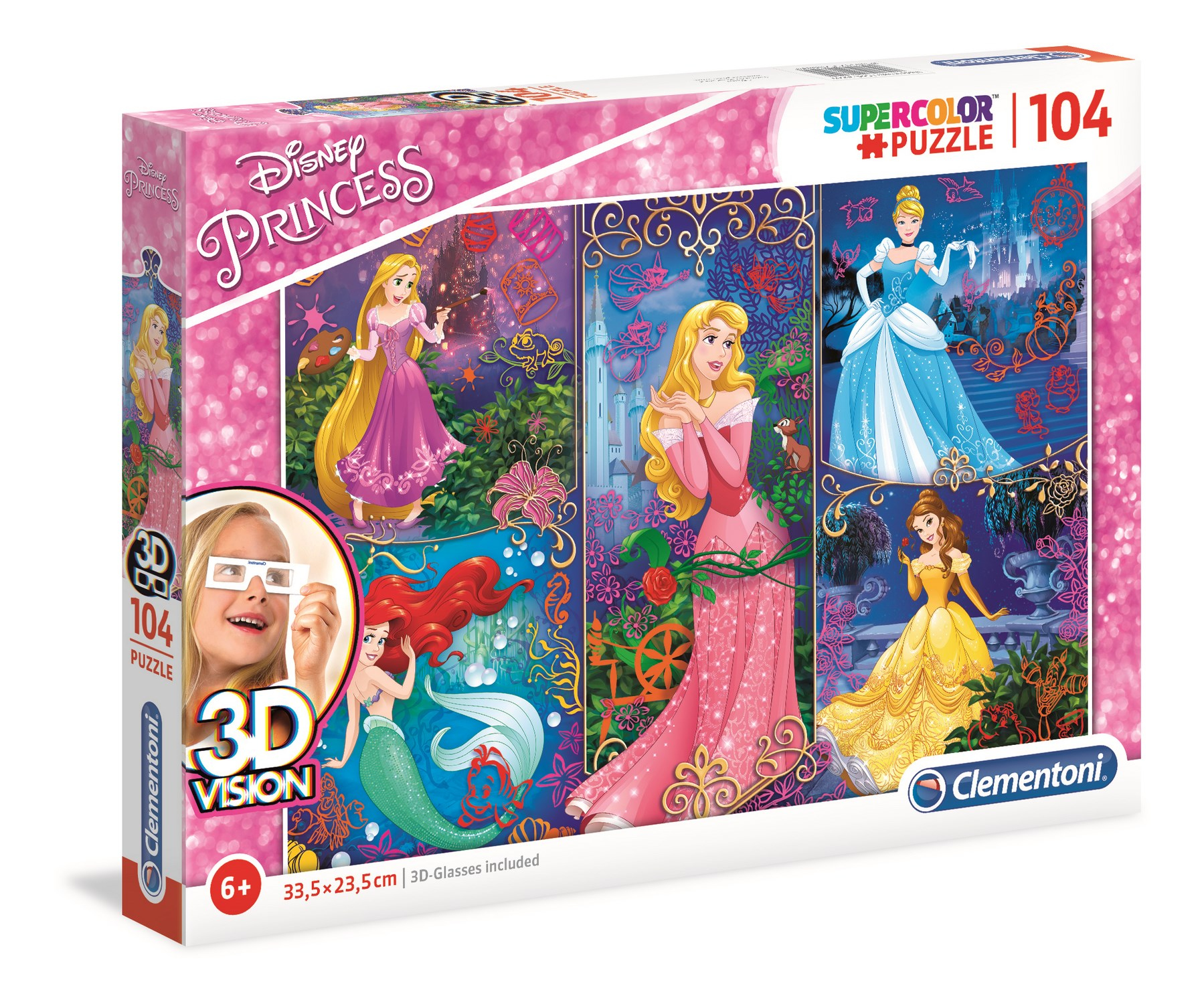 Pudełko z puzzlami Księżniczek Disneya ze zdjęciami Roszpunki, Aurory, Kopciuszka, Ariel i Belli.