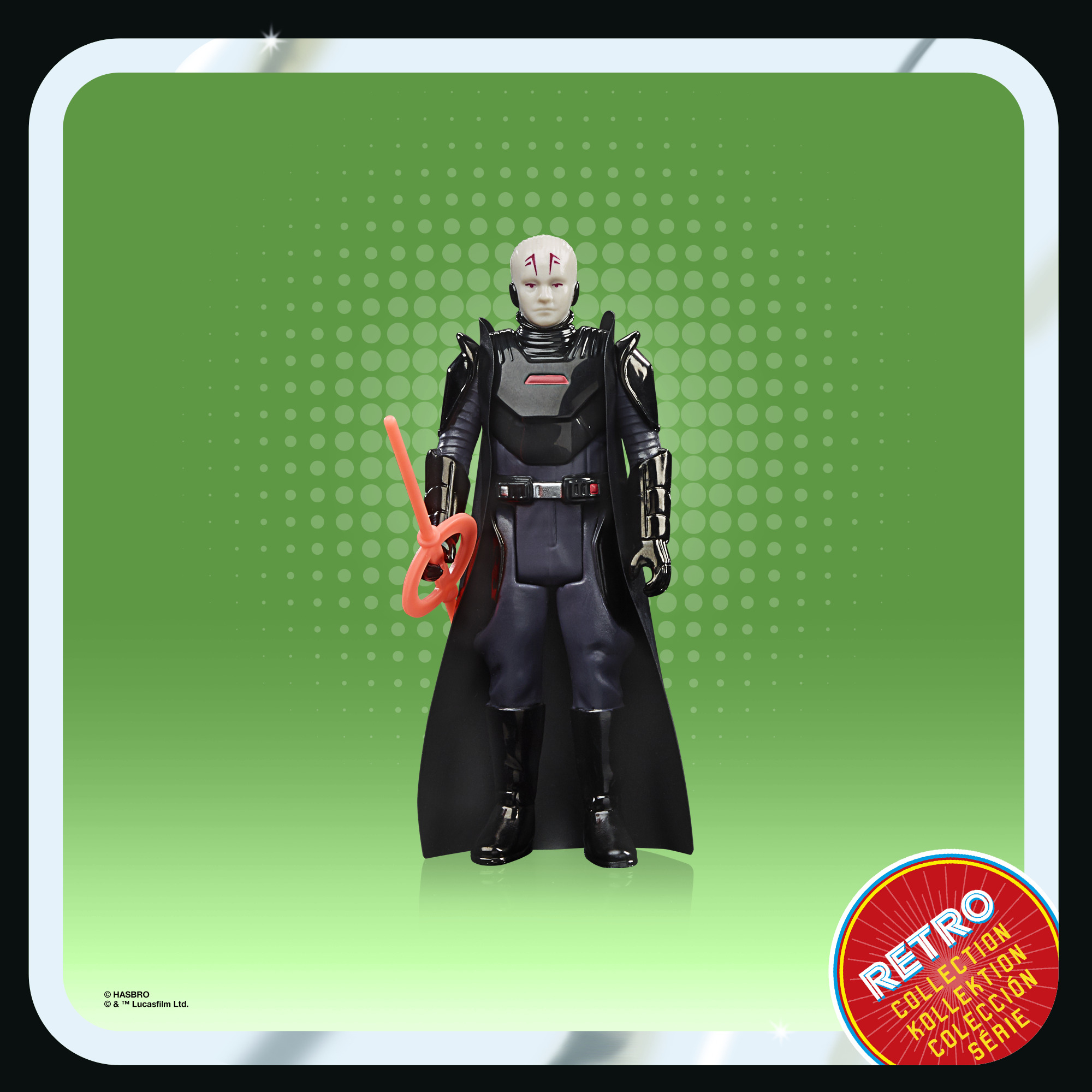 Una figura di Star Wars in nero e grigio scuro con un'arma rosa su sfondo verde.