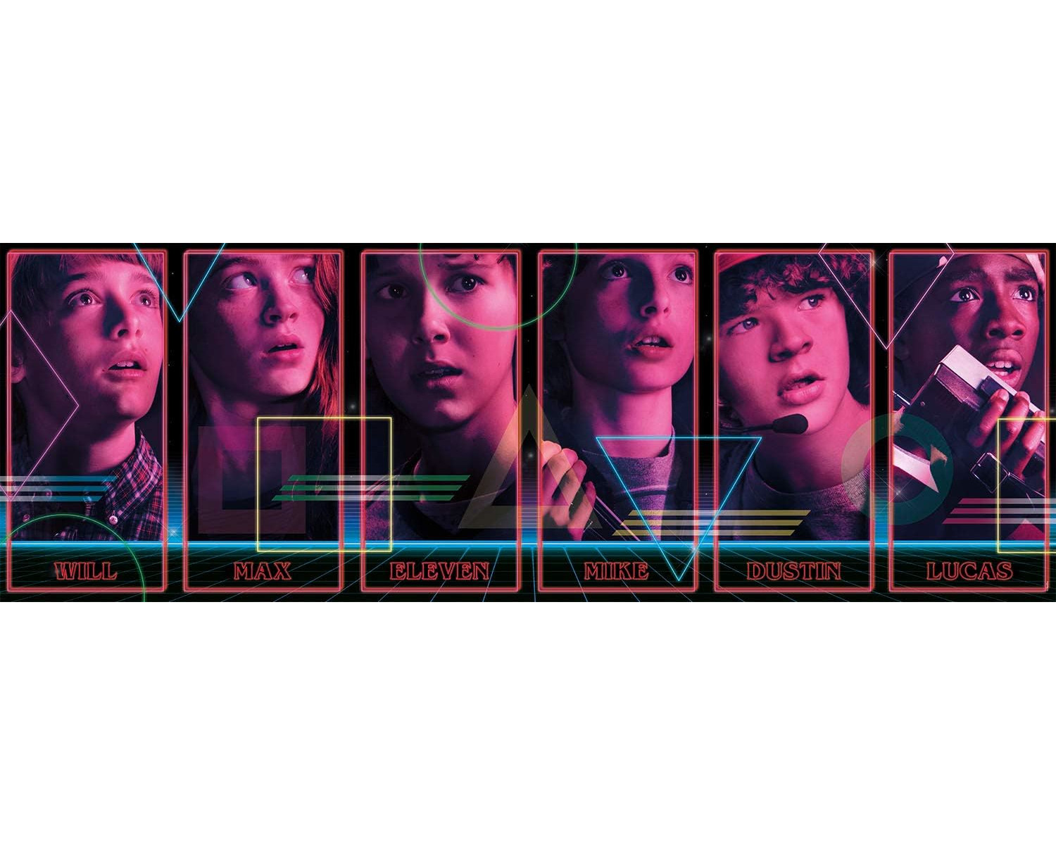 Sechs Porträts von Kindern aus der Serie 'Stranger Things' auf einem Poster. Buntes Design.