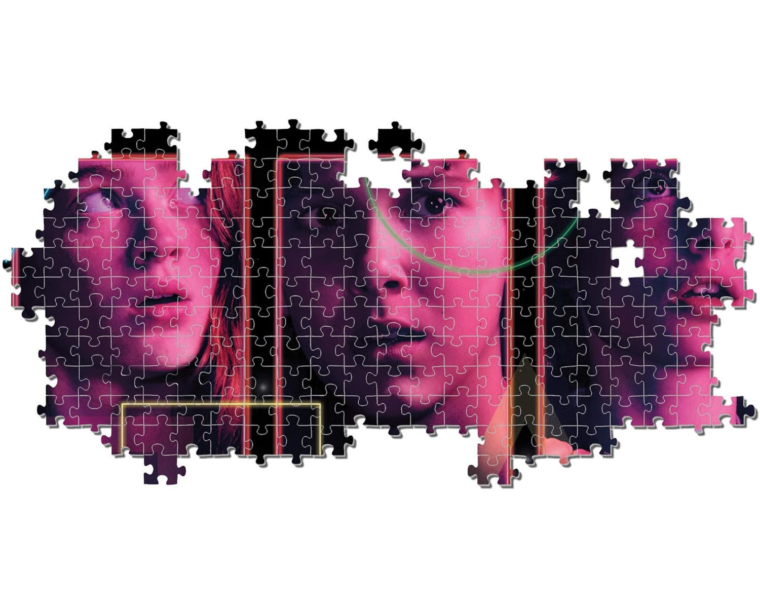 Puzzle mit zwei Gesichtern sichtbar. Das Puzzle ist überwiegend lila und rosa, mit einer neongrünen Linie über den Gesichtern.
