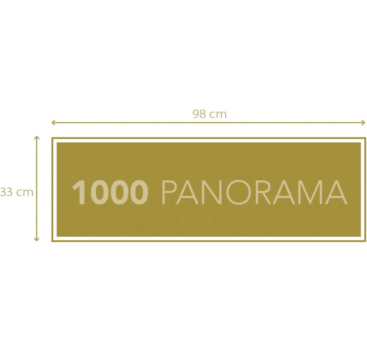 Ein senffarbenes Schild mit der Aufschrift '1000 PANORAMA' mit den Maßen 98 cm x 33 cm. Es befindet sich vor weißem Hintergrund.