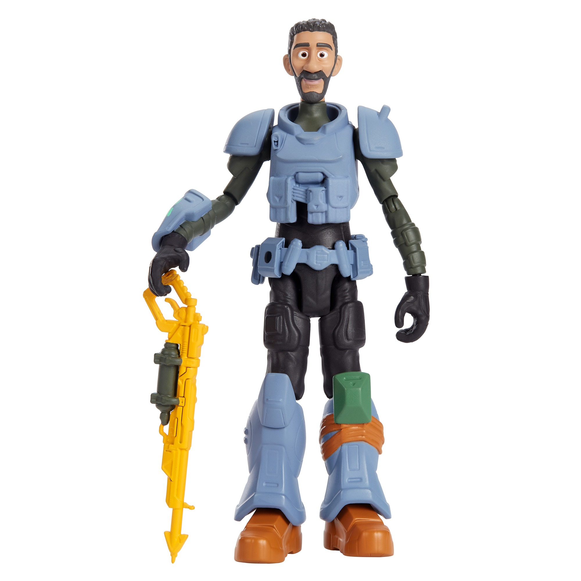 Figurka zabawki przedstawiająca mężczyznę w niebieskim pancerzu trzymającego żółtą broń. Ma brodę i przyjazny wyraz twarzy.