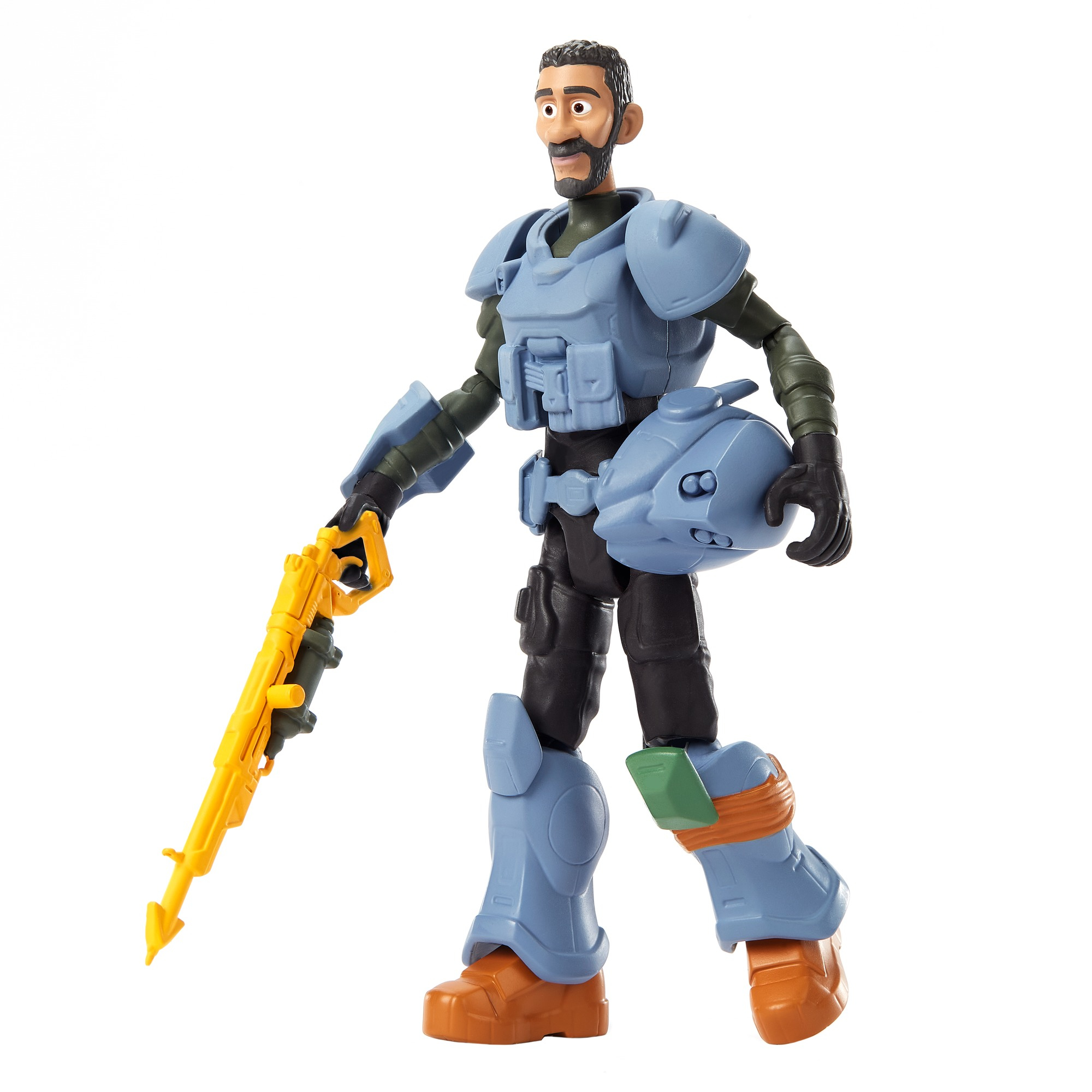 Figurka zabawki mężczyzny w zbroi trzymającego żółtą broń i hełm.