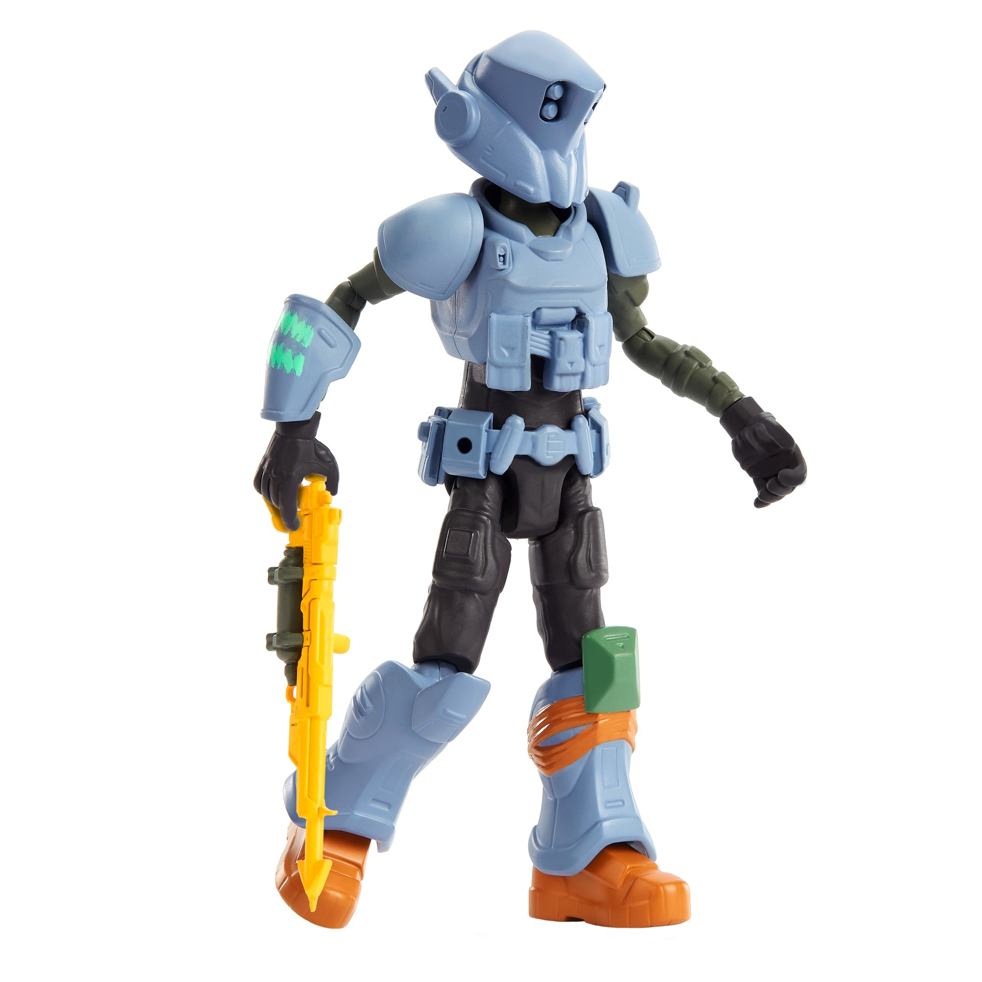 Niebiesko-żółta figurka żołnierza przyszłości trzymającego żółty karabin.