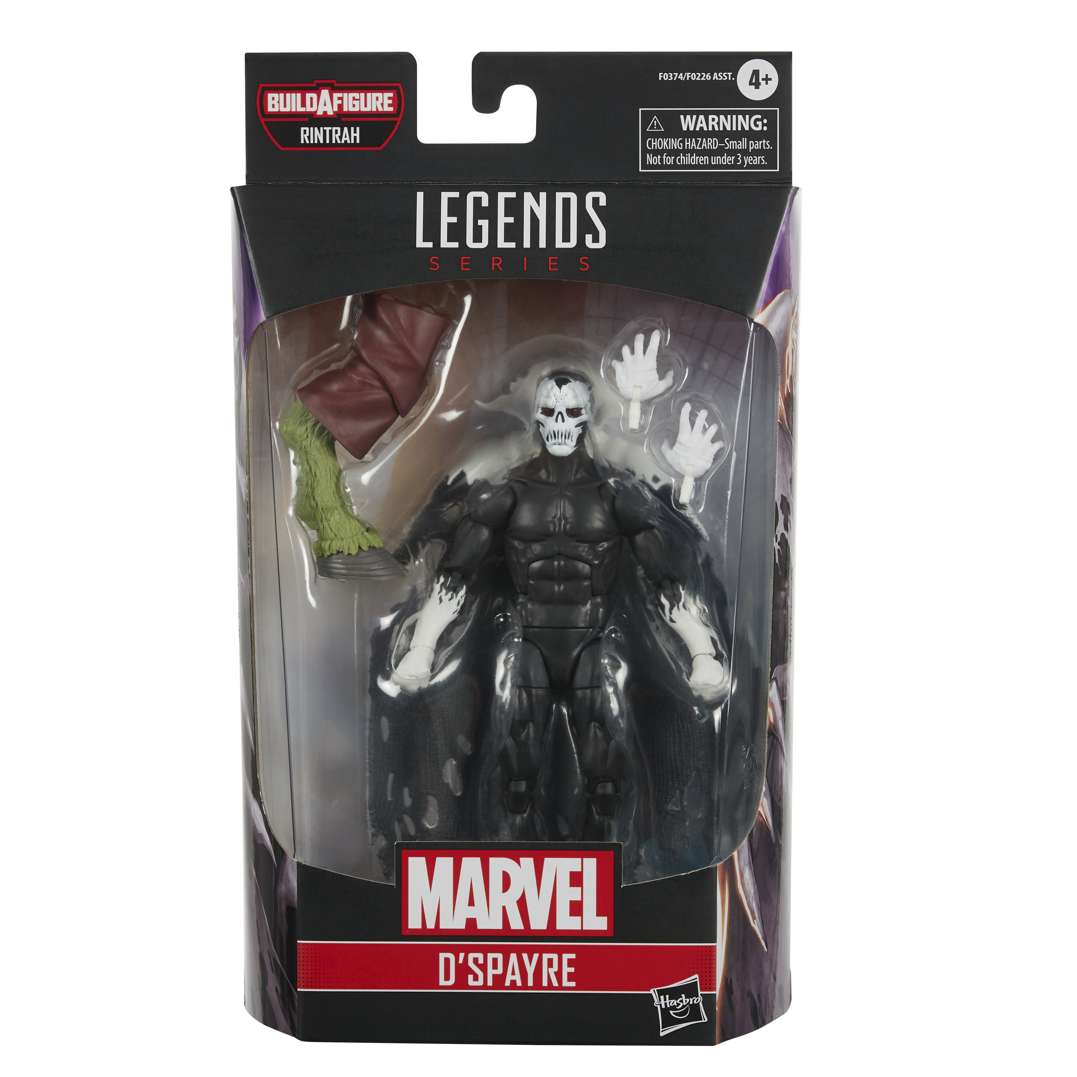 Action figure Marvel Legends in confezione. La figura è nera con un volto bianco a forma di teschio e un mantello. La confezione ha il logo della serie.