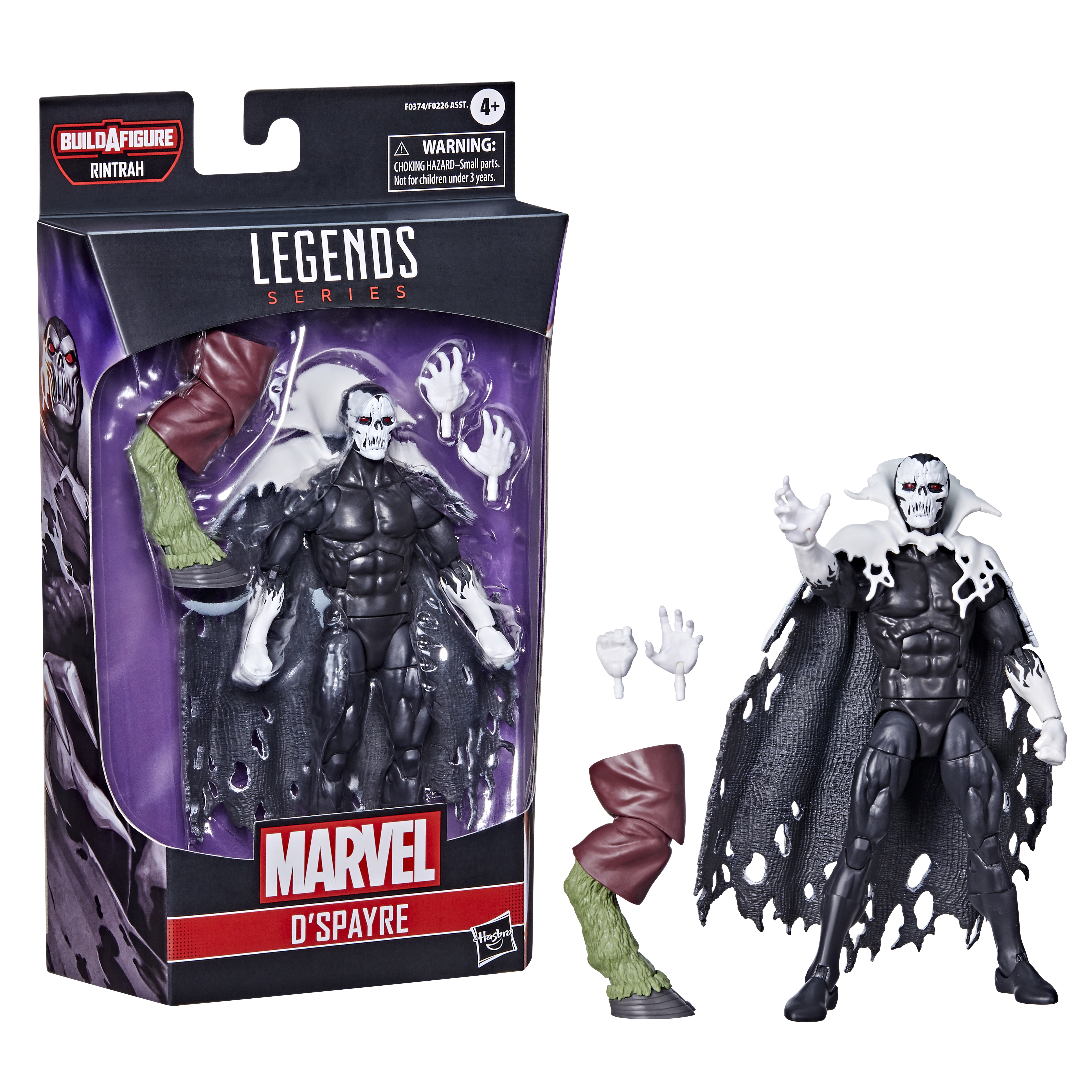 Action figure di Marvel D'Spayre in una scatola. La figura è in bianco e nero con un mantello.