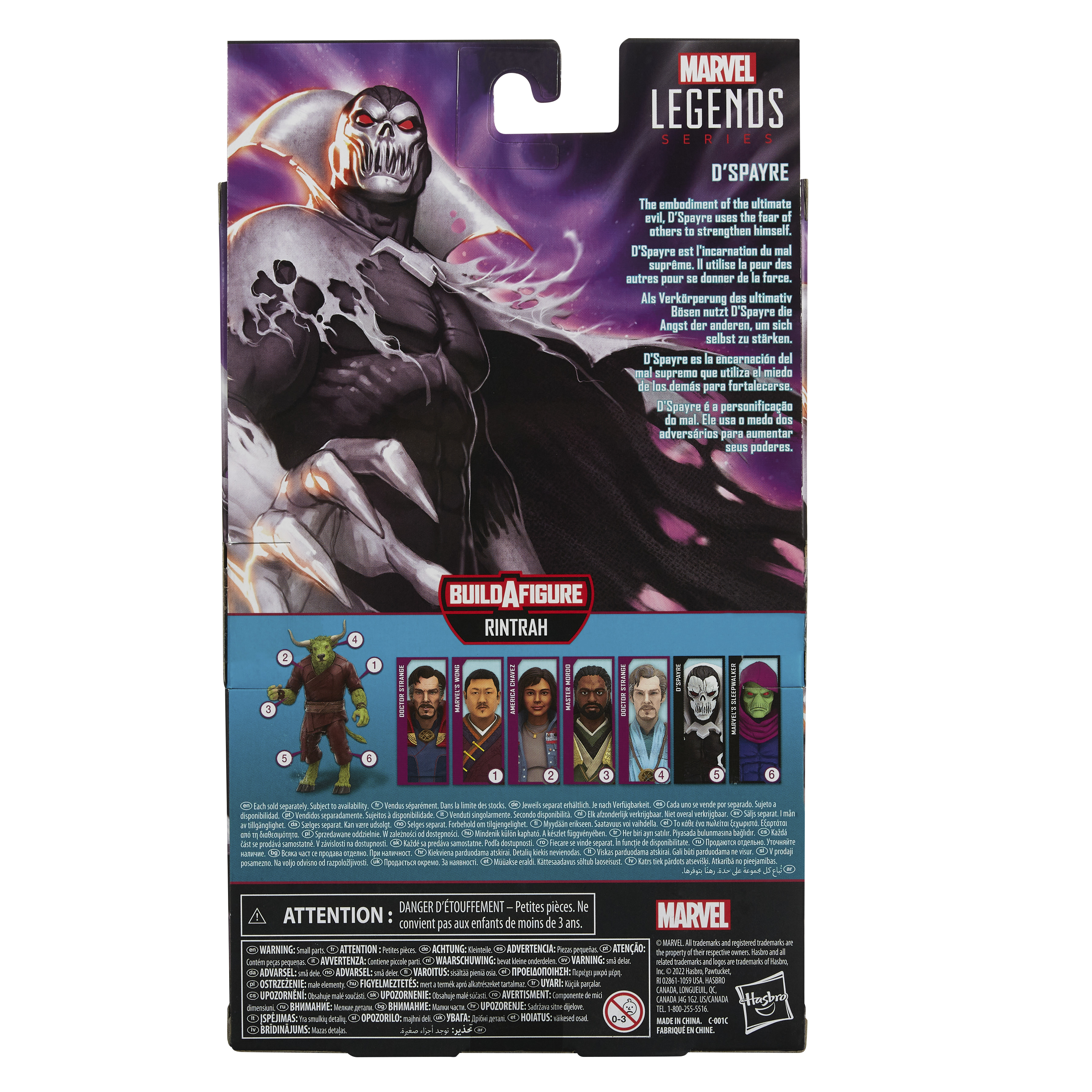 Retro della scatola Marvel Legends con D'Spayre. Testo e immagini di figure presenti.