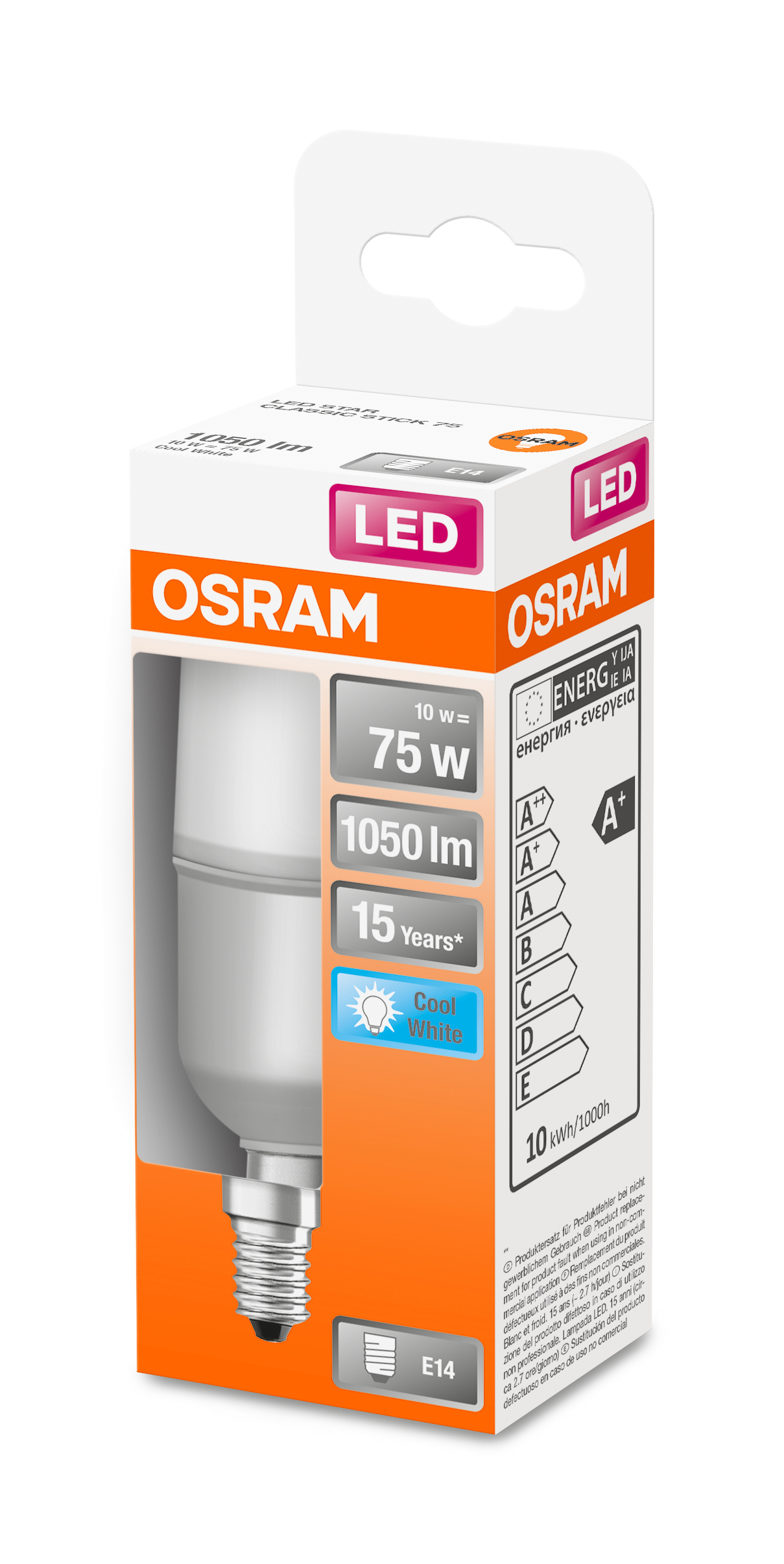 Żarówka LED Osram w pudełku. Biała żarówka, pomarańczowe i białe opakowanie.