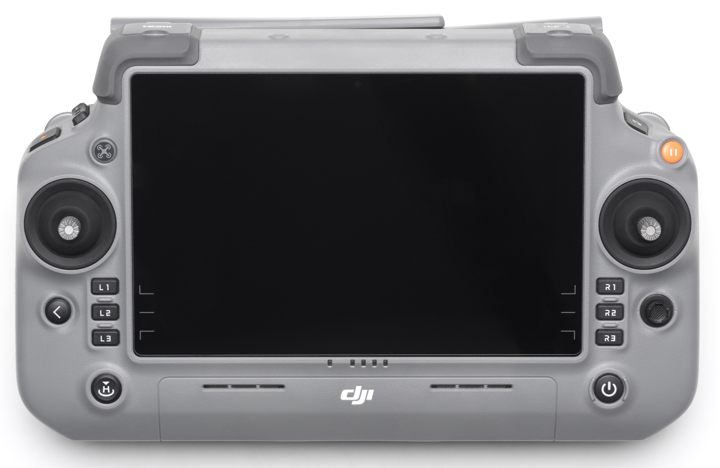 Kontroler drona DJI z ekranem i przyciskami. Szary kolor i białe tło.