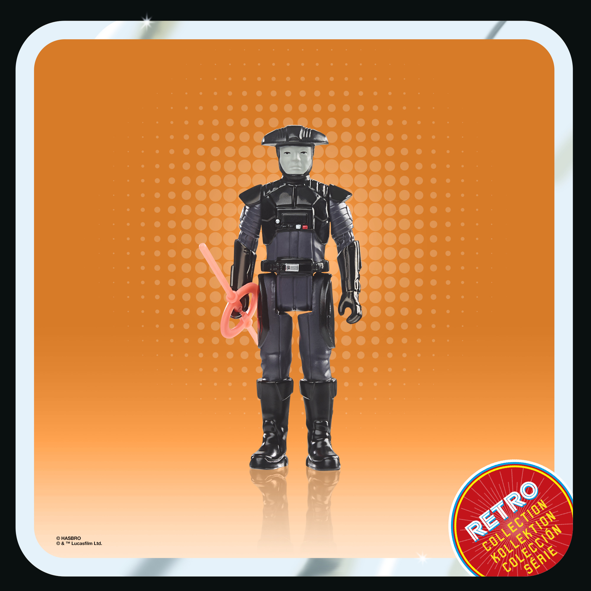 Una figura di Star Wars in nero e grigio scuro con un'arma rosa su sfondo arancione.