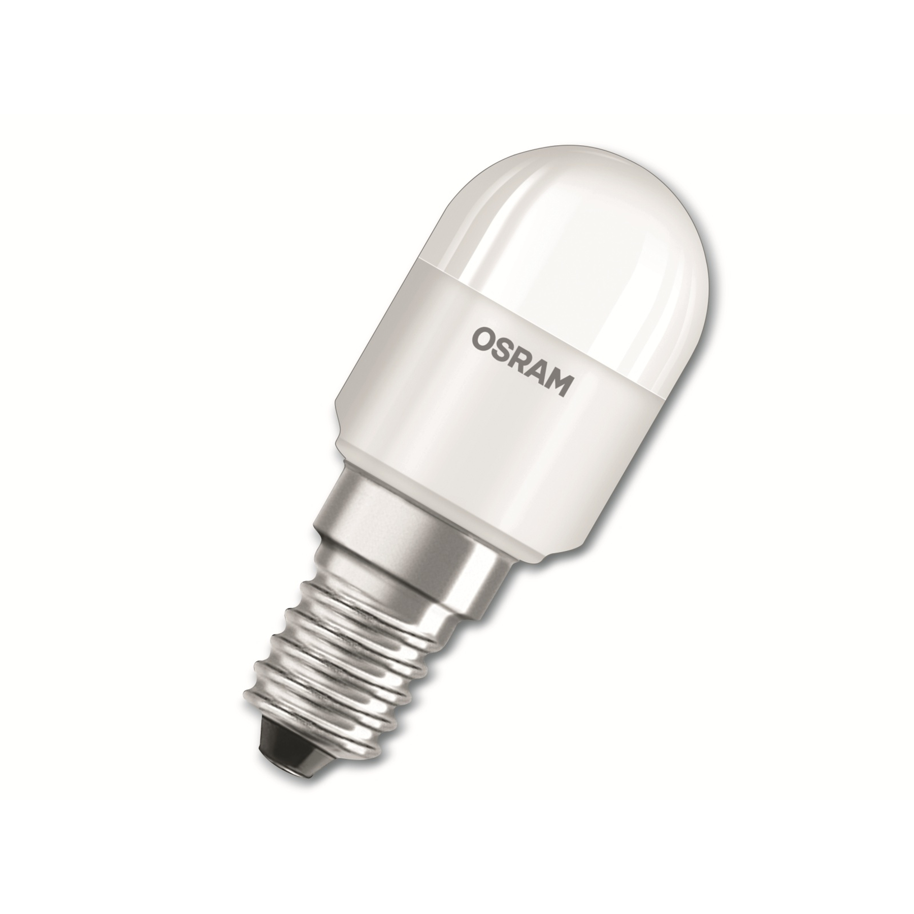 Una piccola lampadina a LED bianca con logo Osram. Ha una parte superiore arrotondata e un attacco a vite.