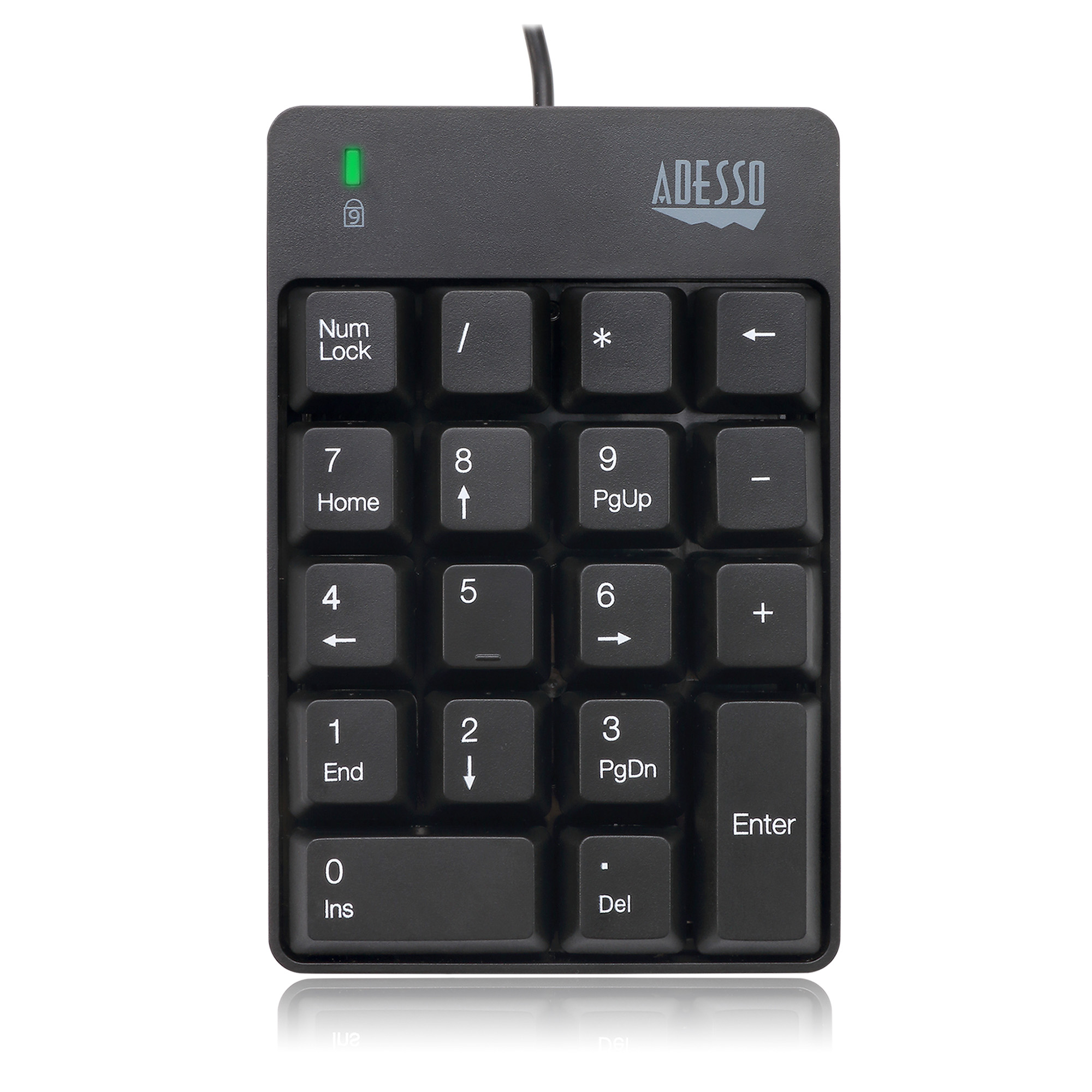 Zwart ADESSO numeriek toetsenbord met witte toetsen. Groen Num Lock lampje. Zwart-witte toetsen.