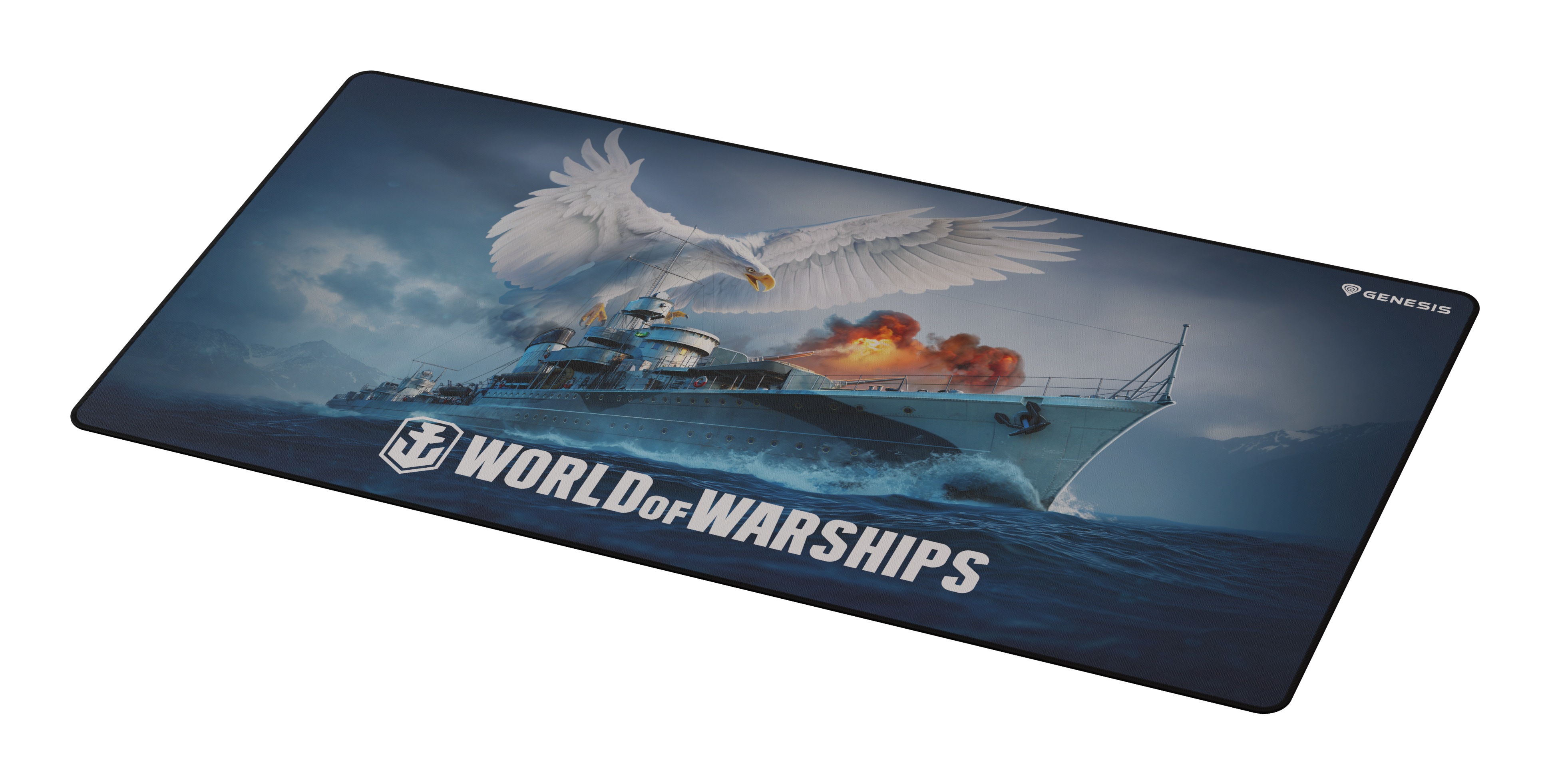 Podkładka pod mysz z grafiką statku i napisem WORLD OF WARSHIPS. Niebieskie tło.
