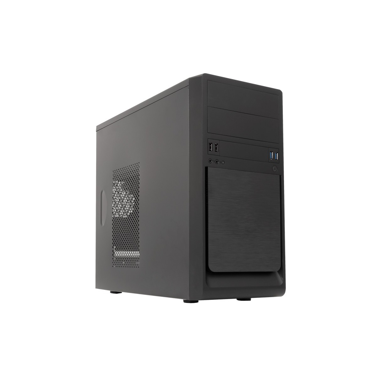 Case per computer nero su sfondo bianco, vista angolata.