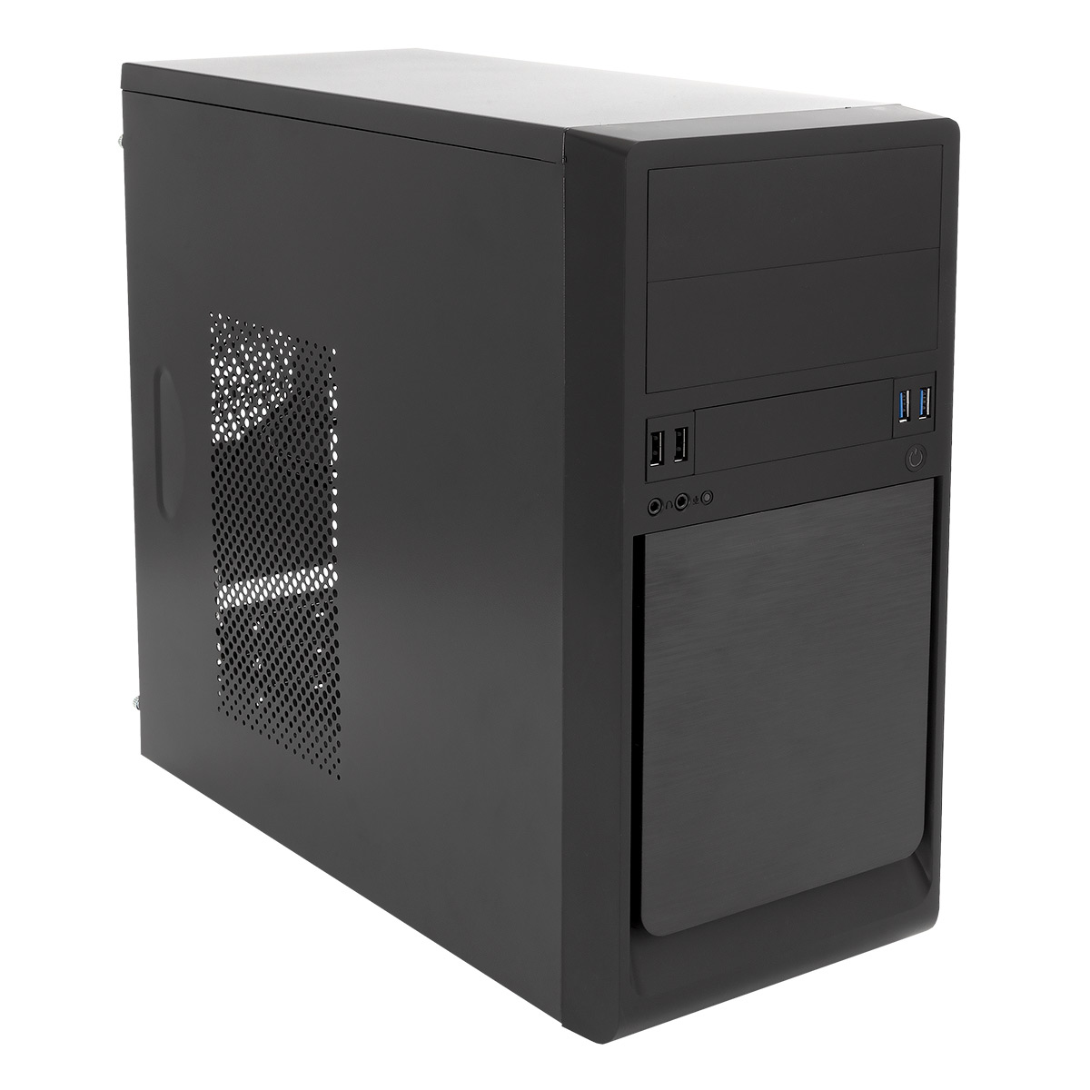 Case per computer nero con pannello laterale perforato e porte USB anteriori.