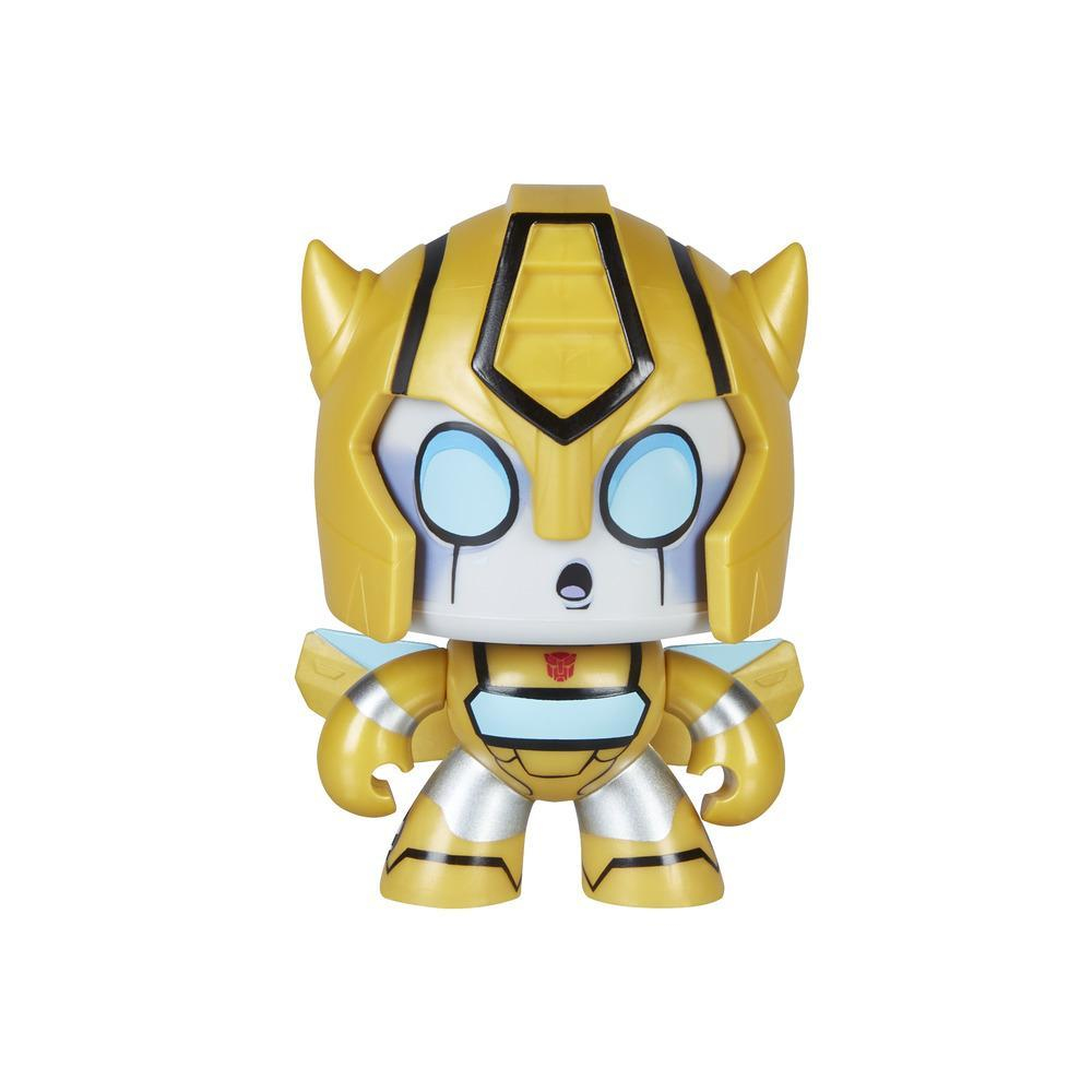 Una figura di Bumblebee Transformers. Robot giallo e nero con occhi blu, in posa dinamica.