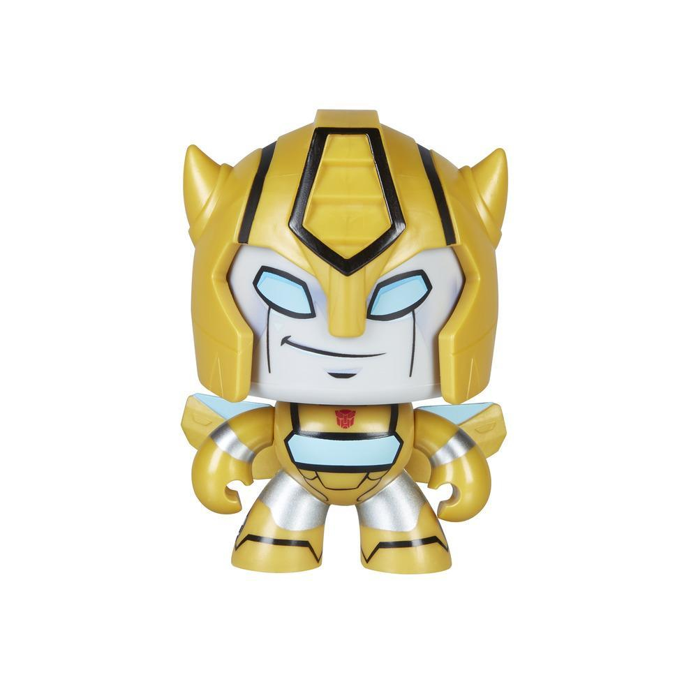 Figura gialla di Bumblebee. Dettagli neri sulla testa e sul corpo. Viso bianco, occhi blu, gambe argentate, sfondo bianco.