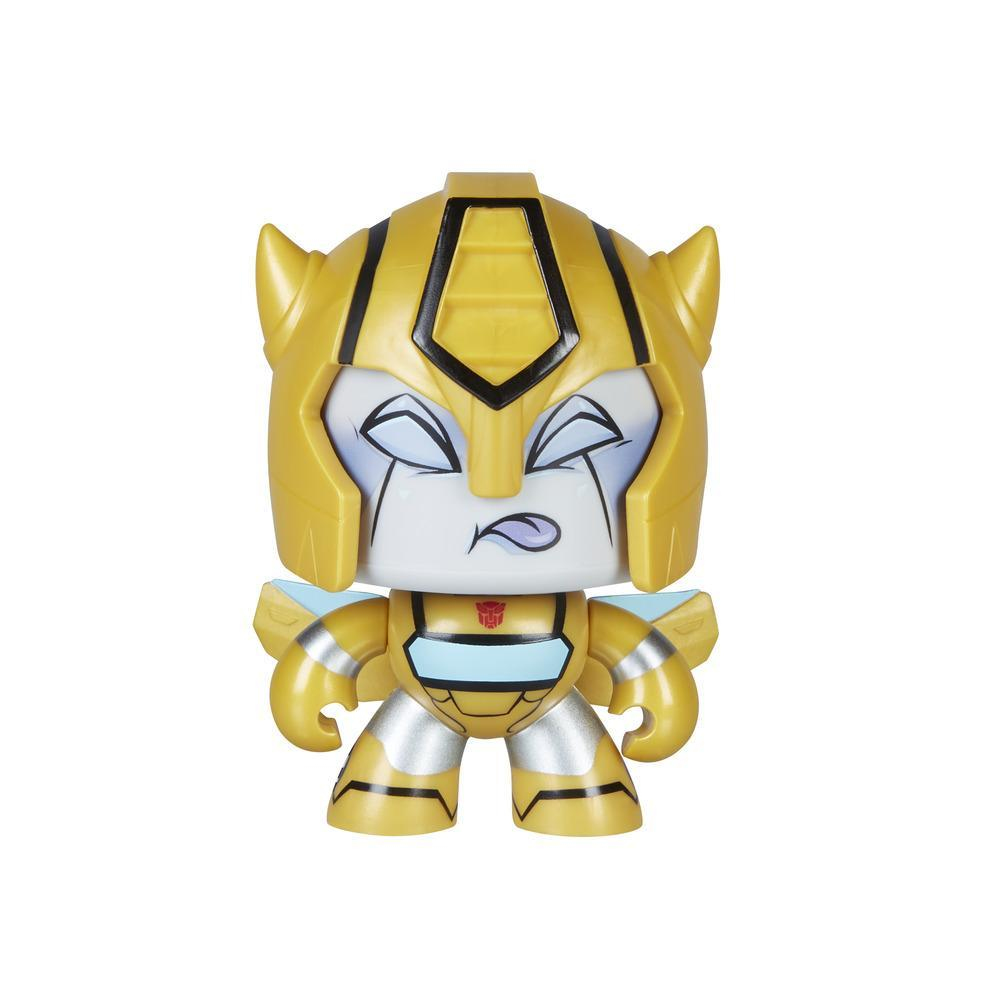 Figurina giocattolo di Bumblebee giallo, stile cartone animato, sfondo bianco, bocca aperta, lingua fuori.
