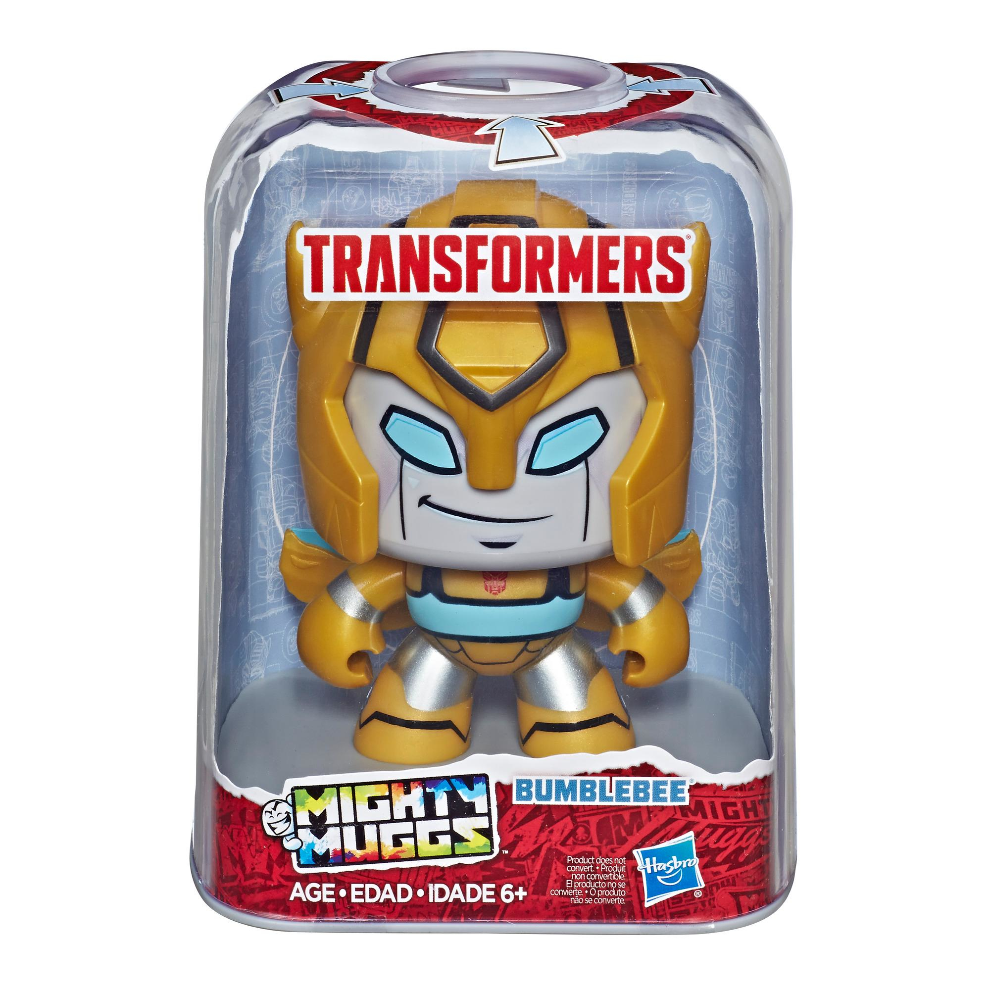 Giocattolo Bumblebee in una scatola trasparente. Robot giallo con dettagli neri. Sfondo bianco.