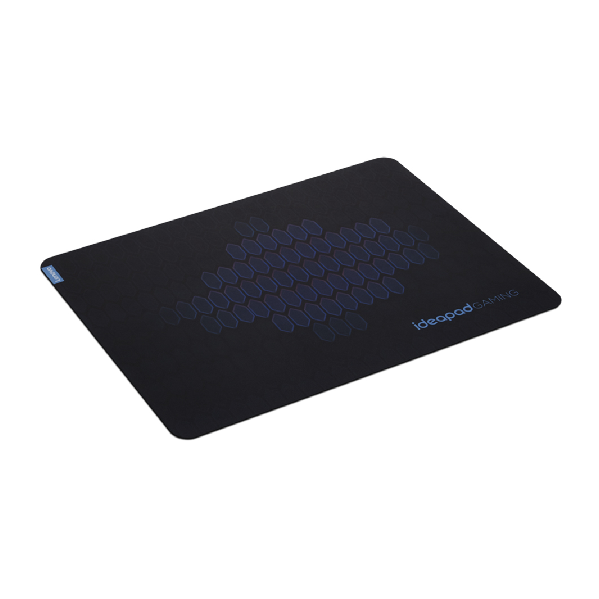 Tapis de souris Ideapad Gaming noir. Motif hexagonal. Fond blanc avec détails bleus.