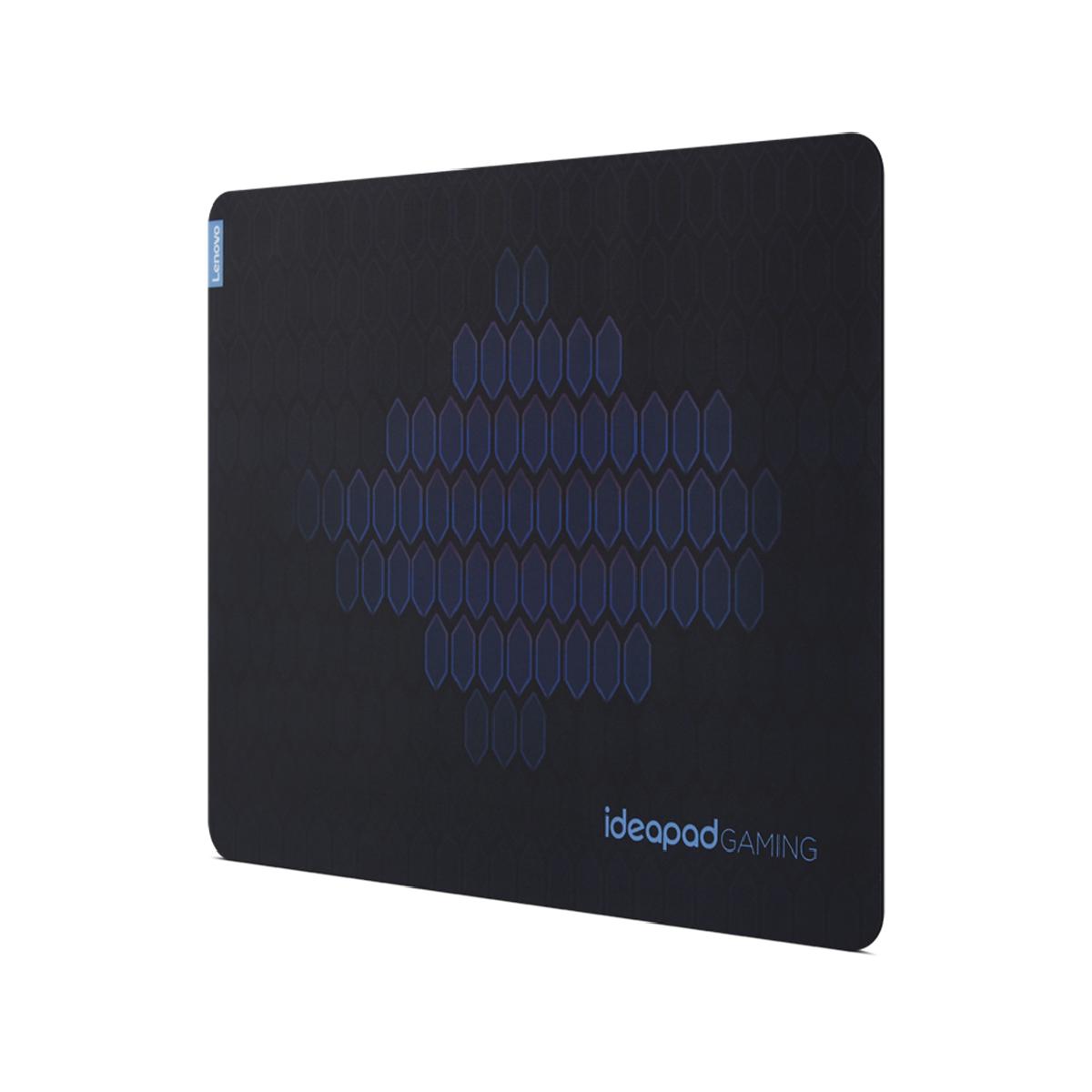 Vue en angle d'un tapis de souris noir avec un motif hexagonal bleu et le logo Ideapad Gaming.