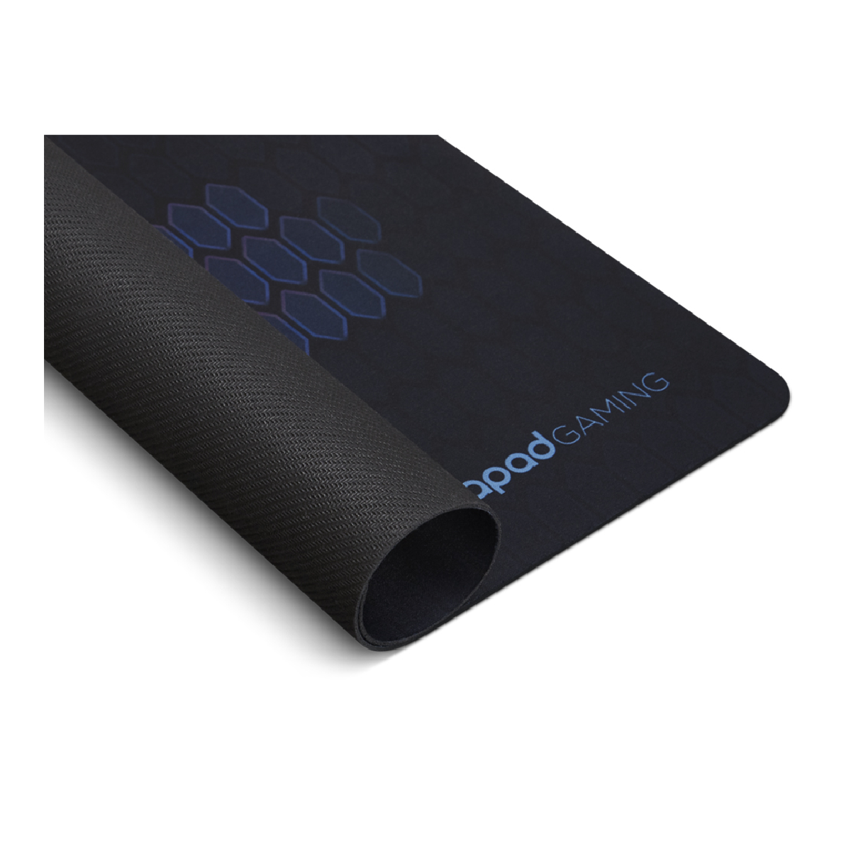 Tapis de souris de jeu noir avec bord roulé, design bleu et fond blanc.