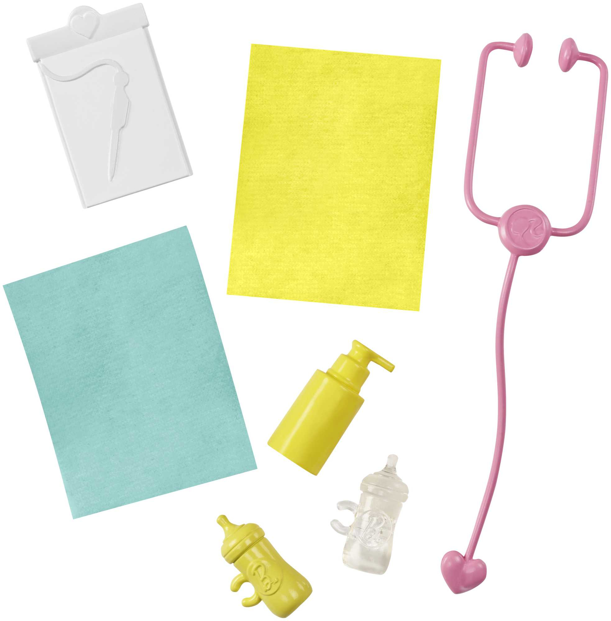 Medizinisches Set von Artikeln auf Weiß: Notizblock, gelbe Flasche, blaues Papier, rosa Stethoskop und Flaschen.