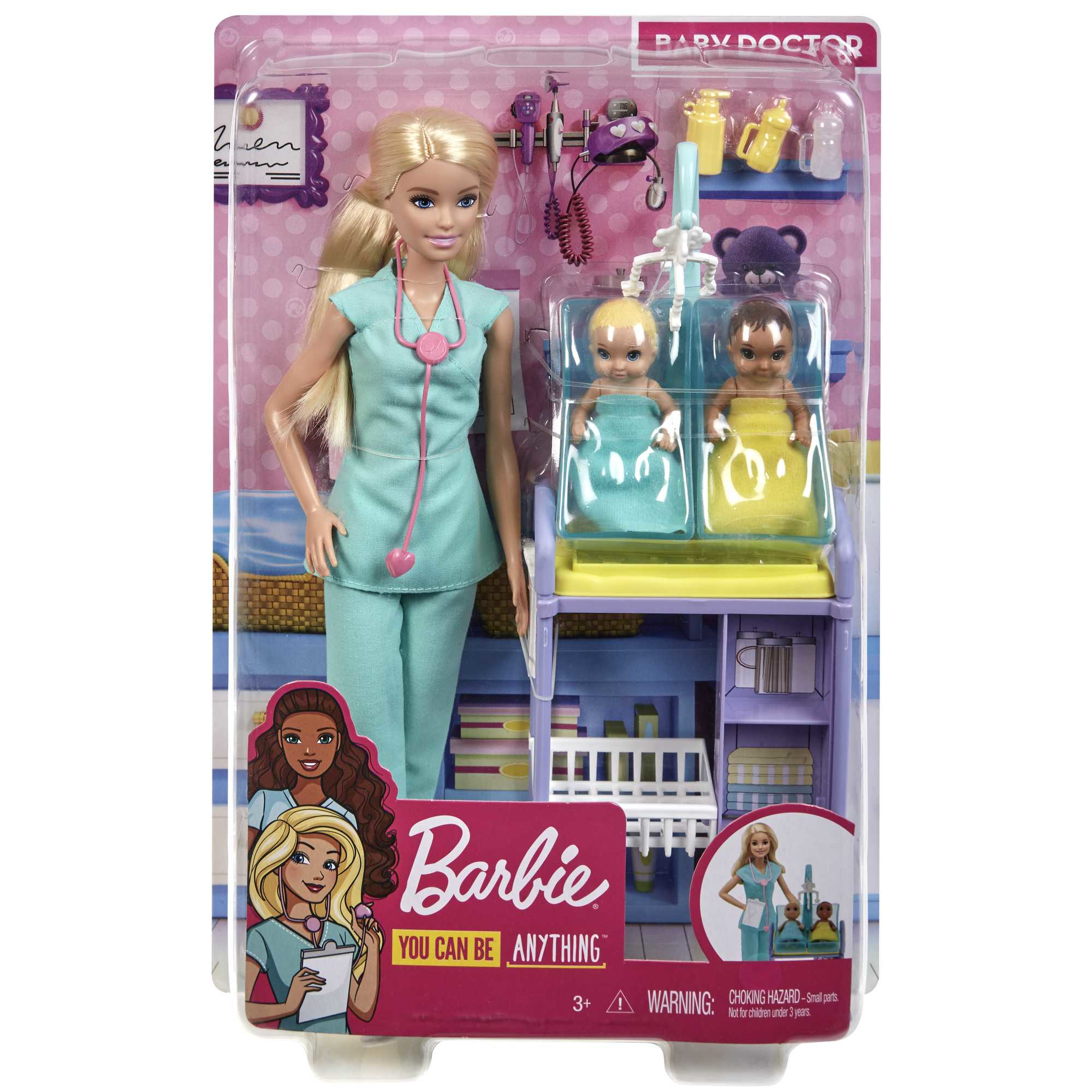 Barbie-Spielset mit Ärztin Barbie, Babys, medizinischem Zubehör und Verpackungsdetails.