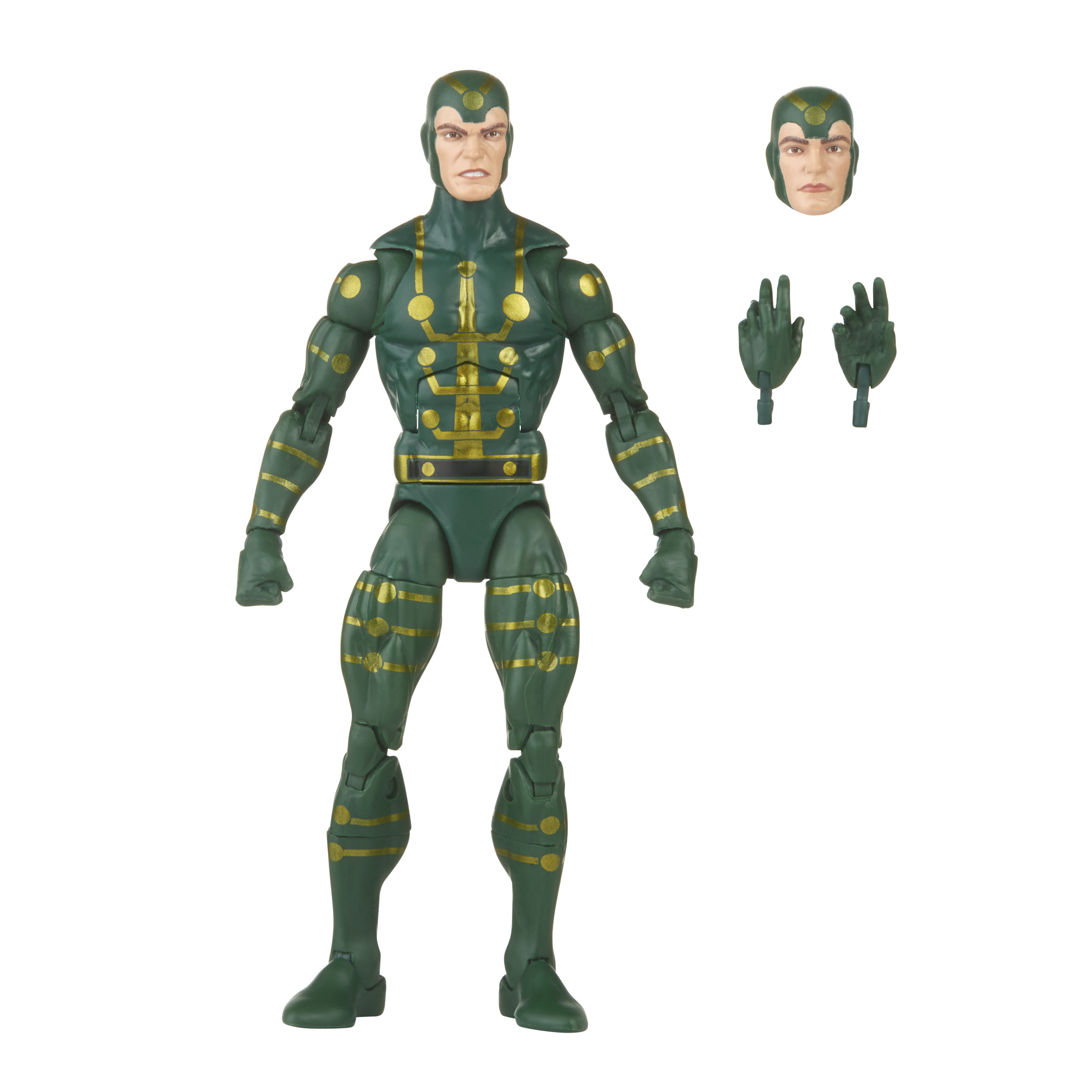 Figura de acción de un personaje con traje verde, con cabeza y manos extra, fondo blanco.