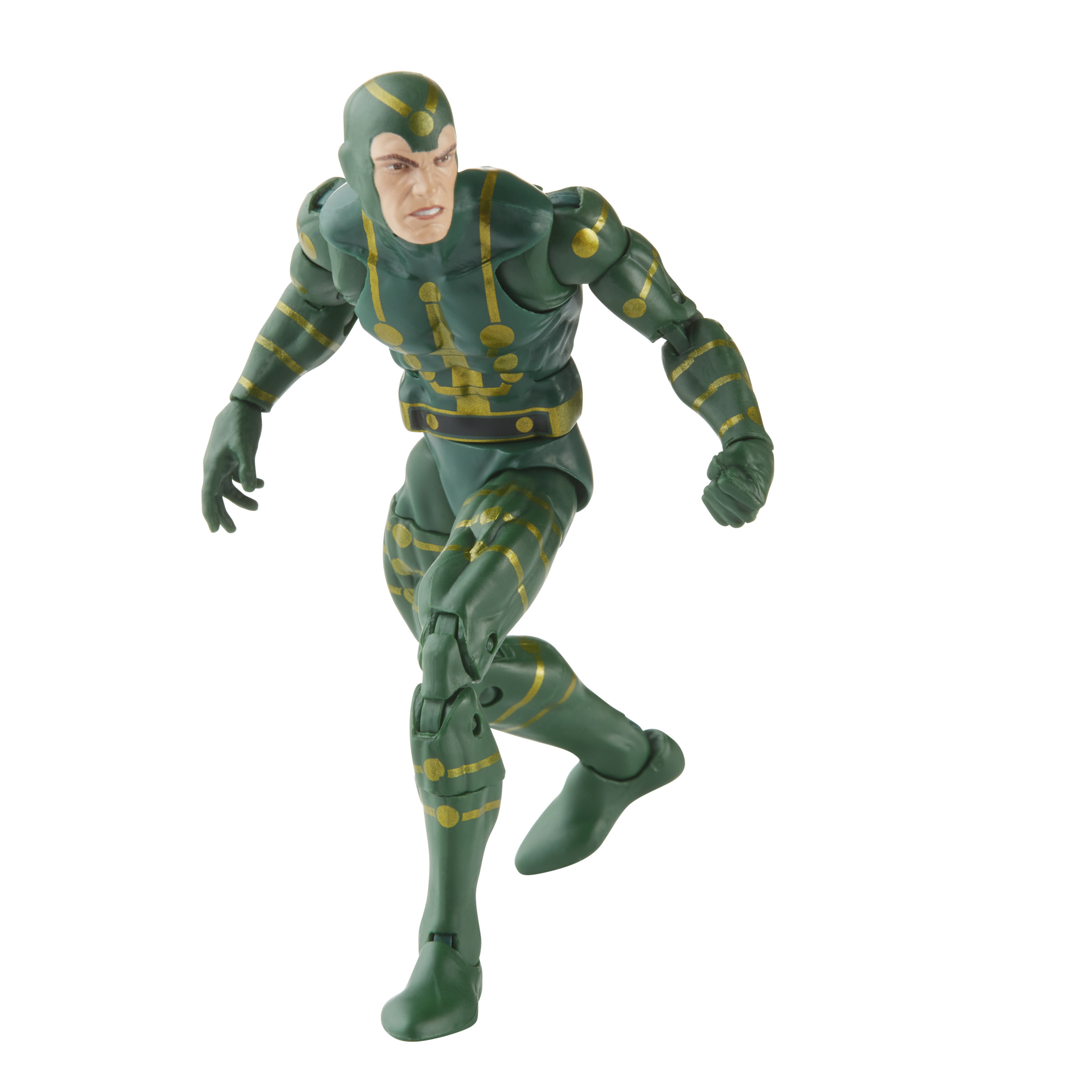 Una figura de acción verde en pose de combate, vistiendo un atuendo verde y dorado.