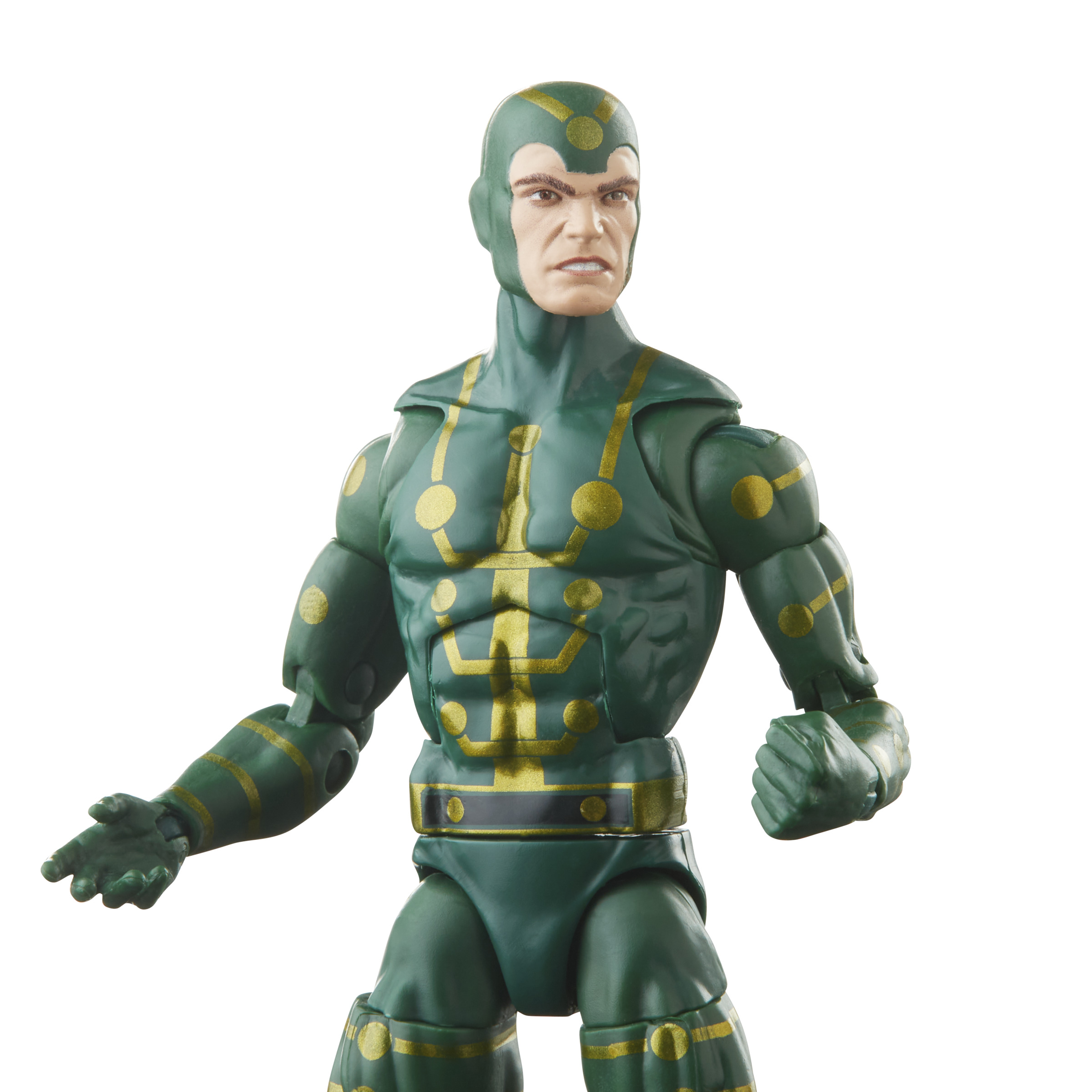 Figura de acción verde y amarilla. Es un personaje masculino con una cara seria.