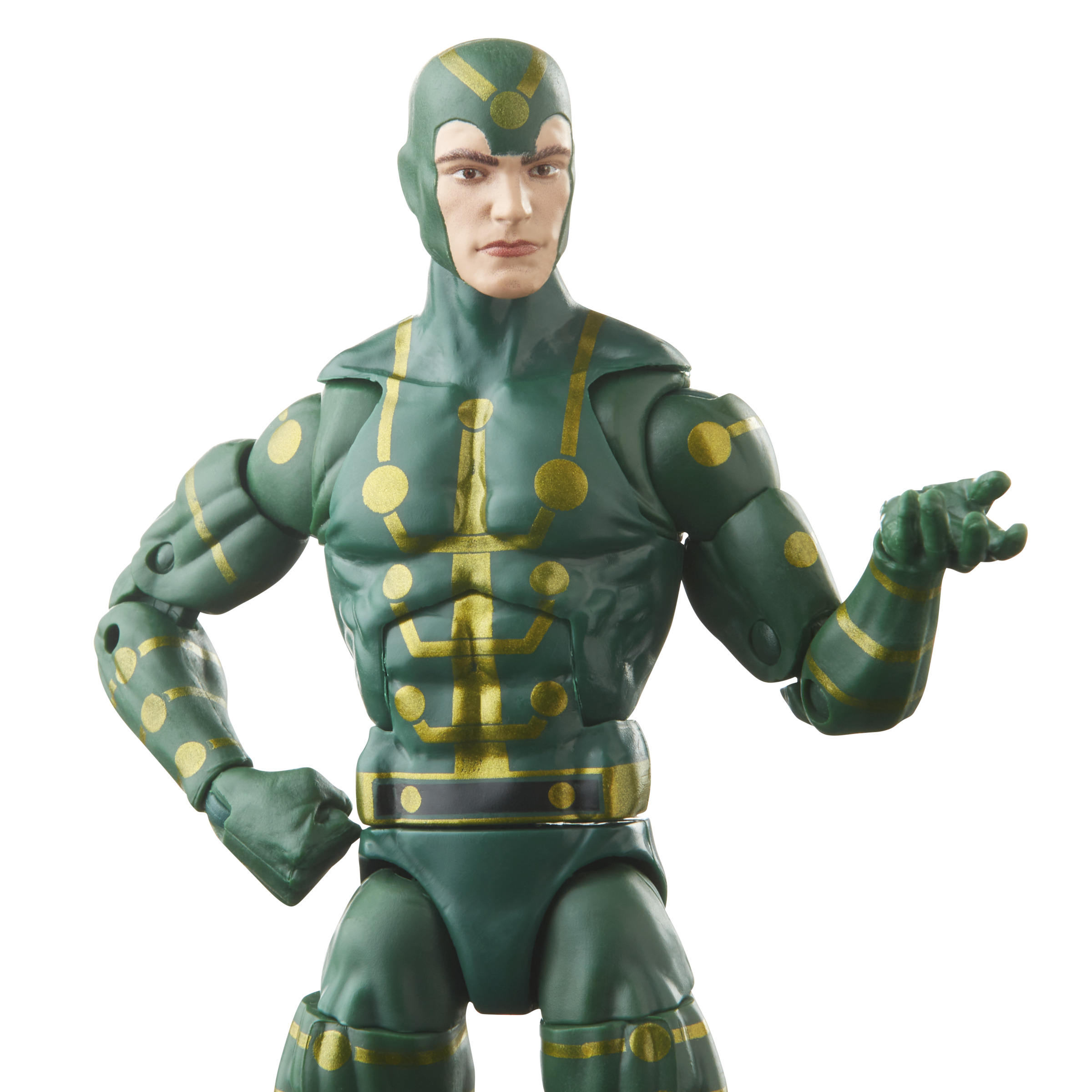 Figura de acción de un hombre con un traje verde y dorado. Está señalando a su derecha.