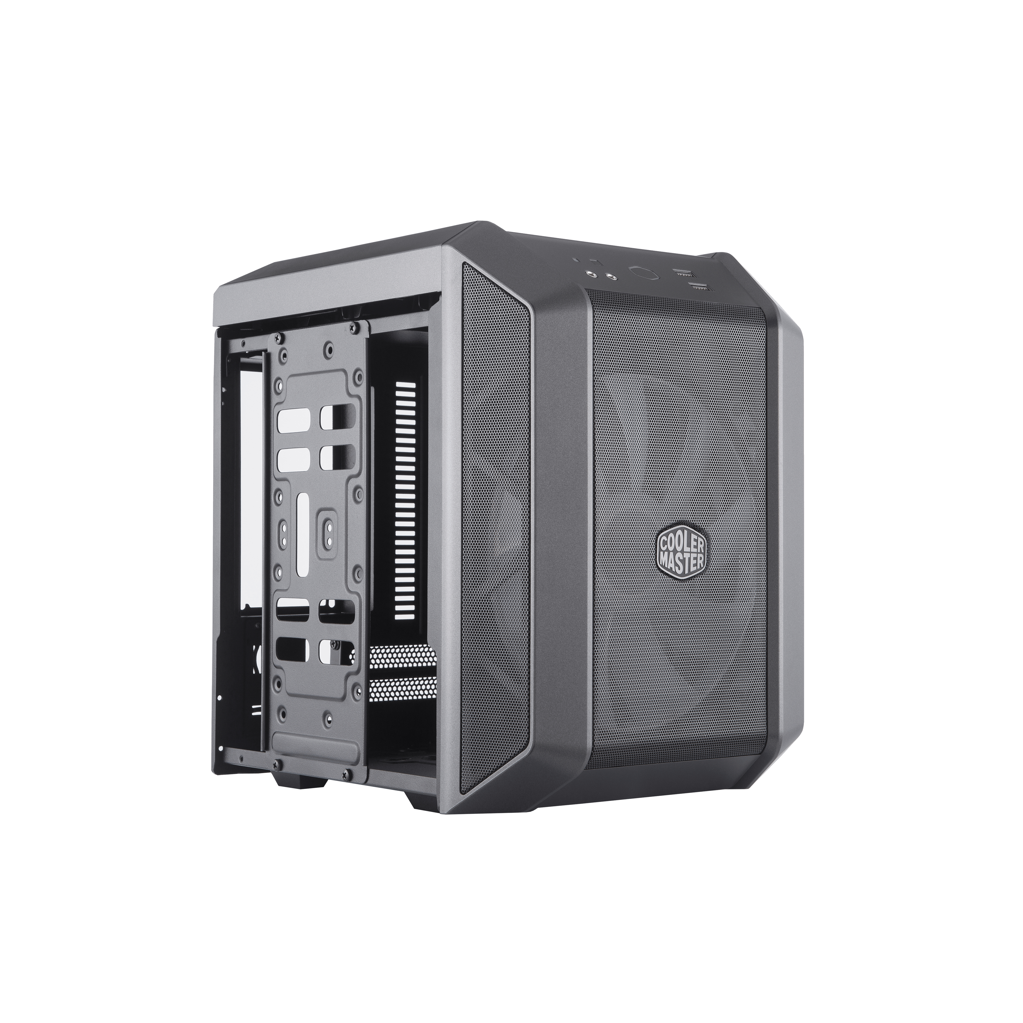 Un case per computer grigio scuro con frontale a rete e lato aperto, su sfondo bianco.