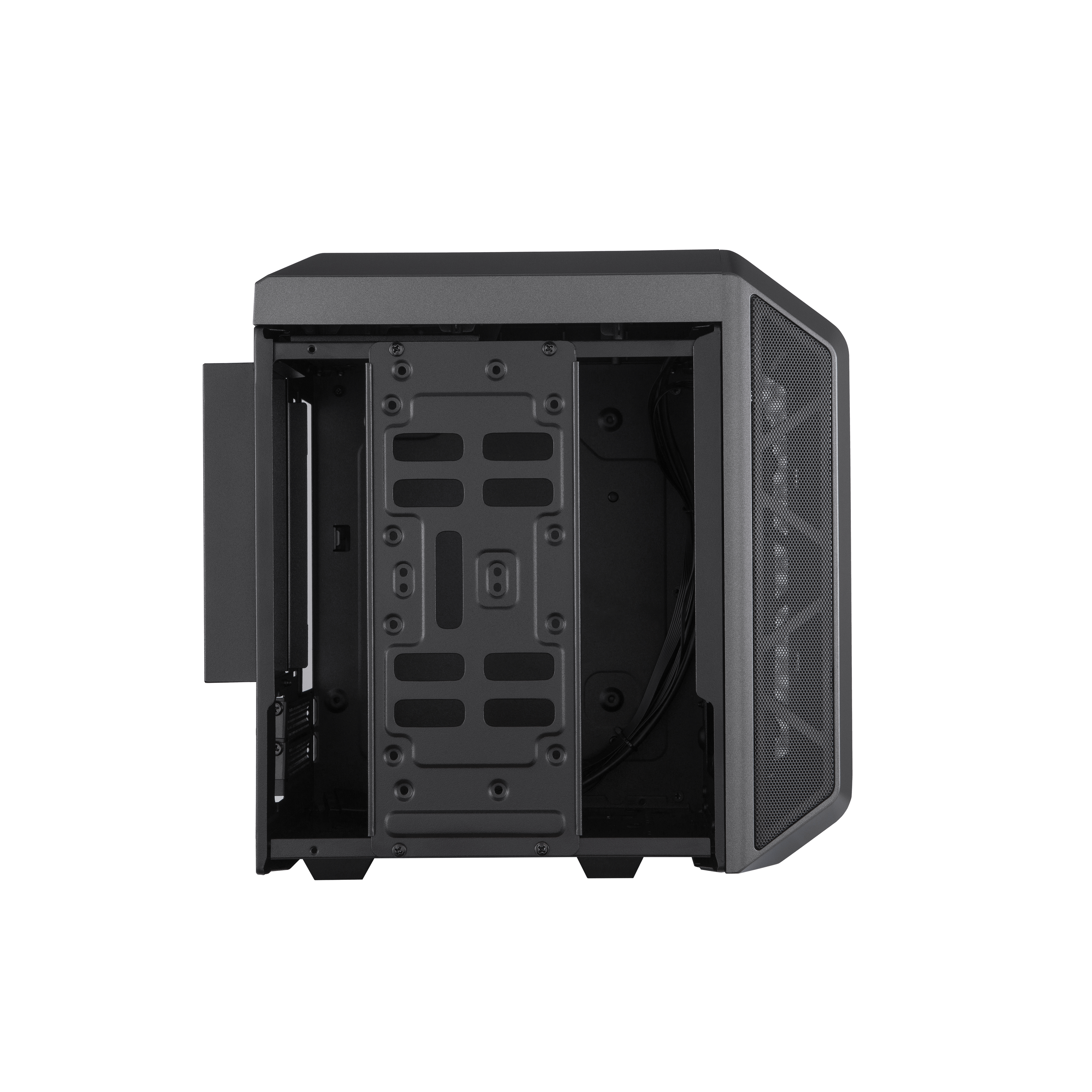Case per computer nero, aperto. Il lato ha una presa d'aria a rete. Lo sfondo è bianco.