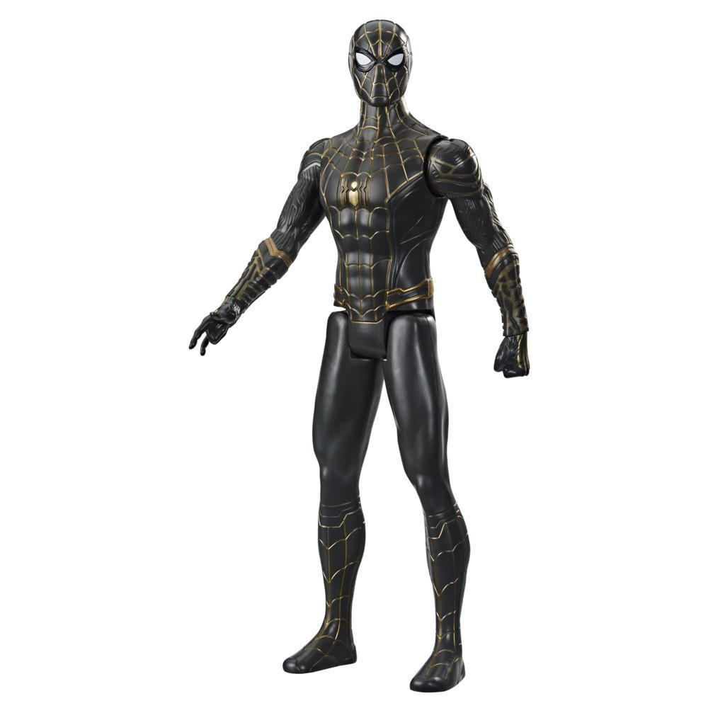 Spider-Man-Actionfigur in einem schwarz-goldenen Anzug, stehend.