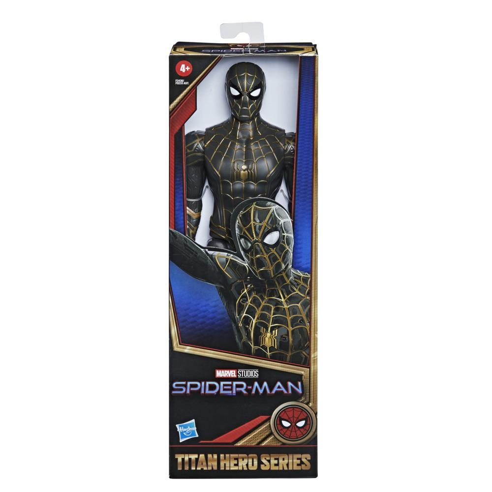 Eine Spider-Man-Actionfigur in einem schwarz-goldenen Anzug in einer Box. Die Box wird ebenfalls gezeigt.