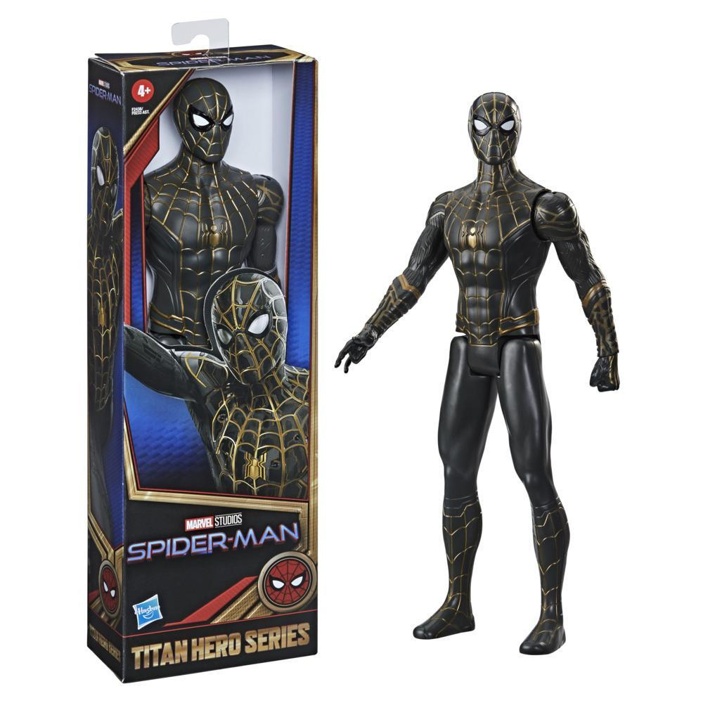 Eine Spider-Man-Actionfigur in einem schwarz-goldenen Anzug. Die Box wird ebenfalls gezeigt.